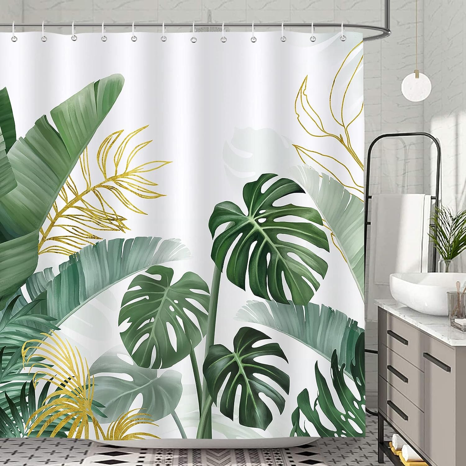 Green Palm Leaf Tropical Leaves Shower Curtain For Chic Bathroom Decor