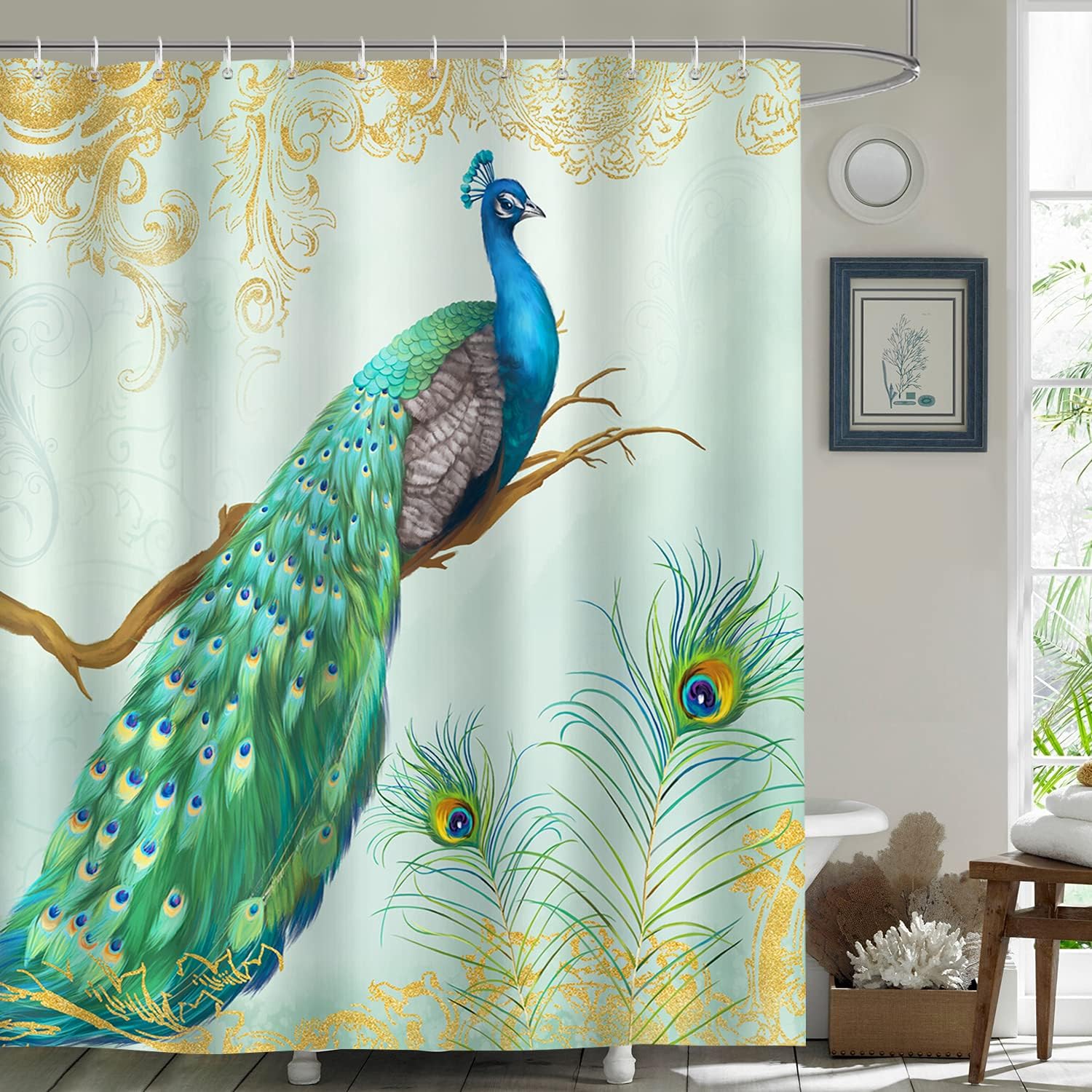Elegant Peacock Feather Shower Curtain With Celestial Art Design