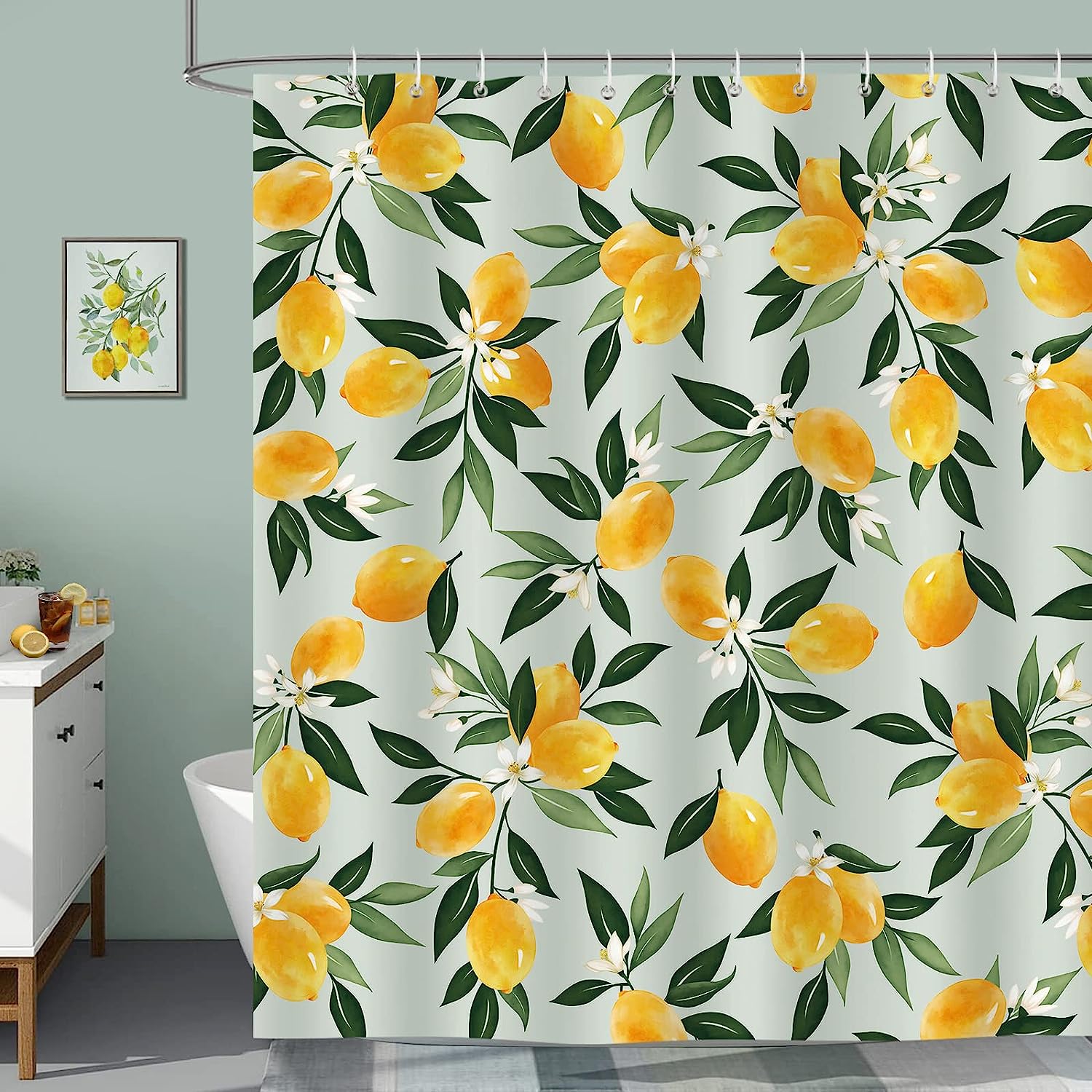 Refreshing Lemon Shower Curtain, Tropical Fruit With Green Leaves Bathroom Decor