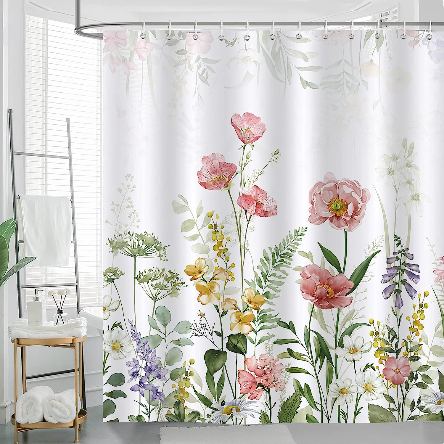 Garden Floral Shower Curtain With Leafy Plant And Flower Prints
