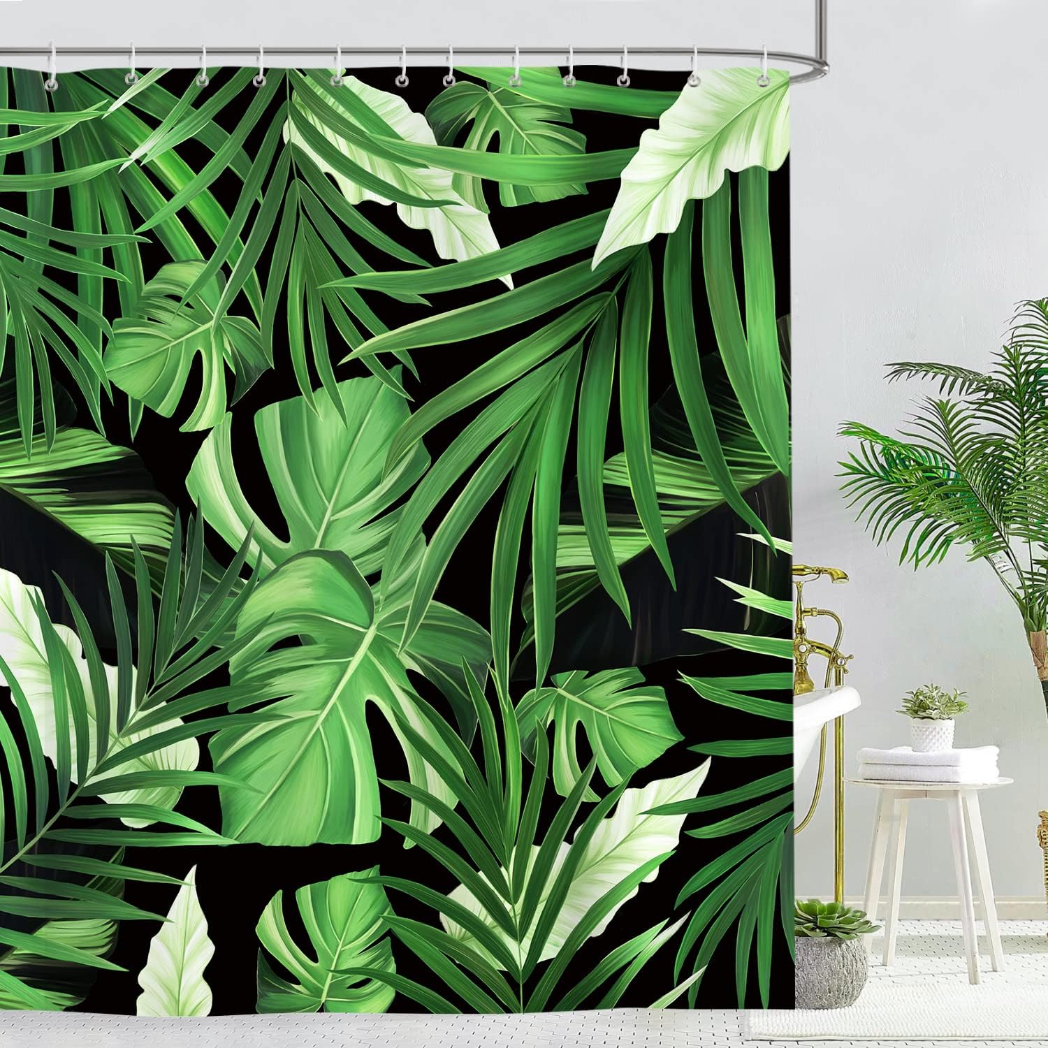 Minimalistic Green Palm Leaf Shower Curtain For Tropical Bathroom Decor