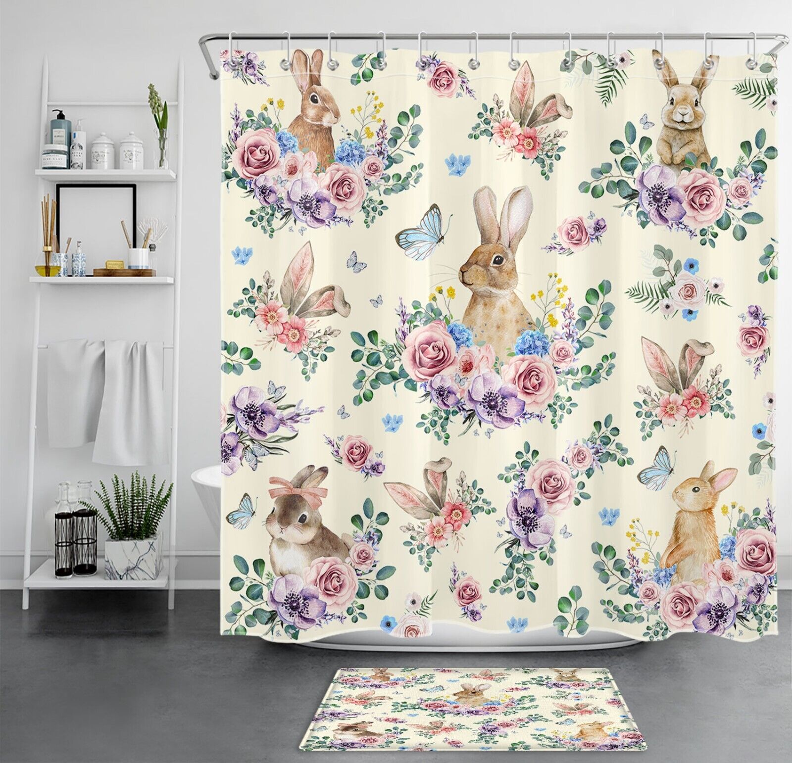 Botanical Butterfly Flower Rabbit Beige Shower Curtain With Cute Animal Design