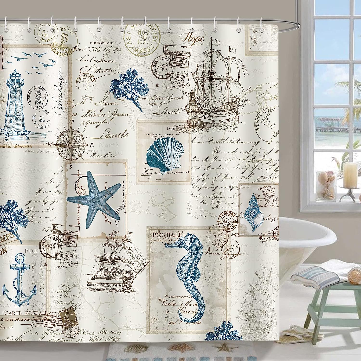 Nautical Vintage Sailboat Shower Curtain With Lighthouse And Anchor Design