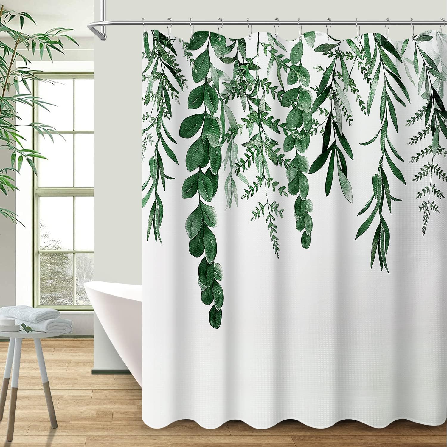 Hunter Green Eucalyptus Shower Curtain With Botanical Floral Leaf Design