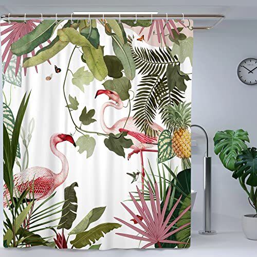 Flamingo And Tropical Leaf Boho Shower Curtain For Bathroom