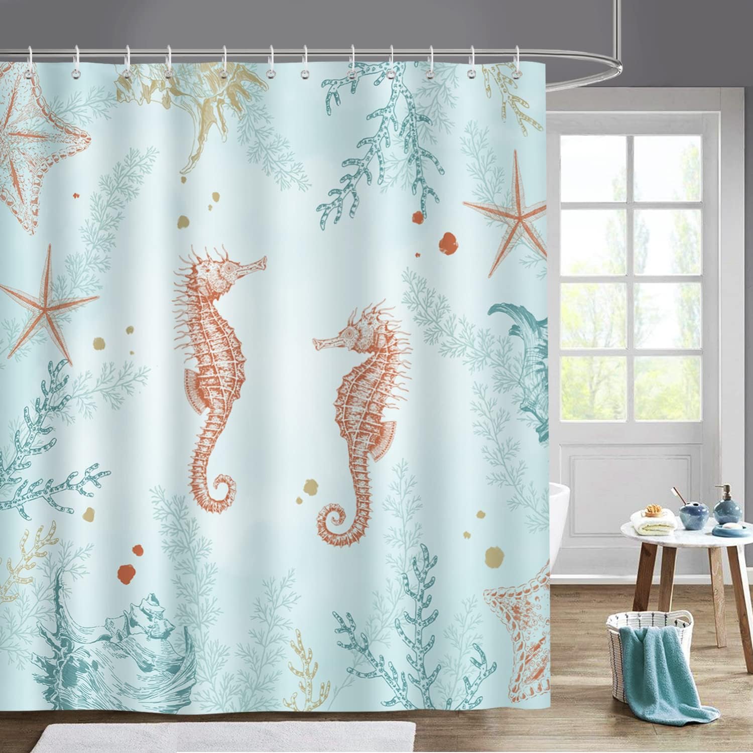 Coastal Seahorse Shower Curtain With Starfish And Coral Design