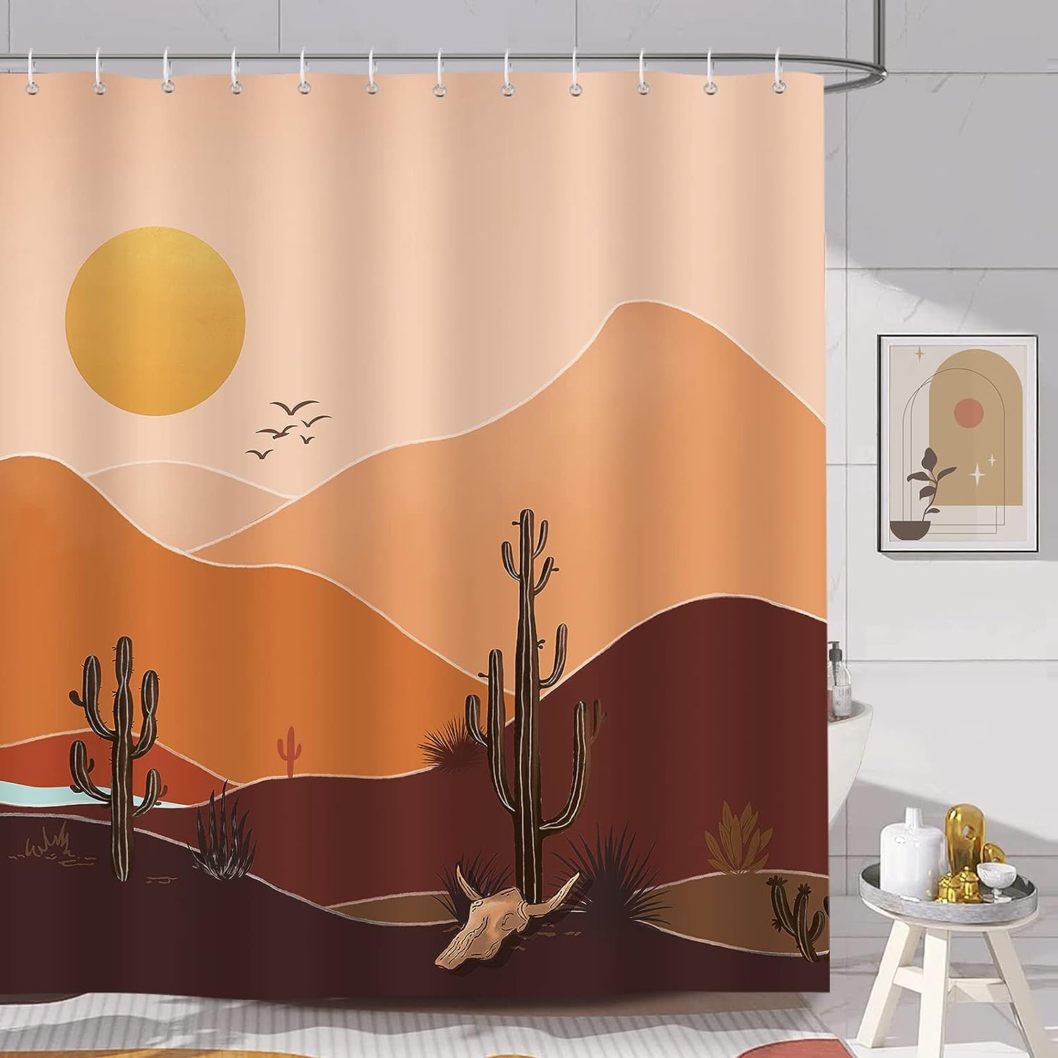 Mountain And Cactus Boho Shower Curtain, Mid Century Modern Abstract Sunset Bath Curtain