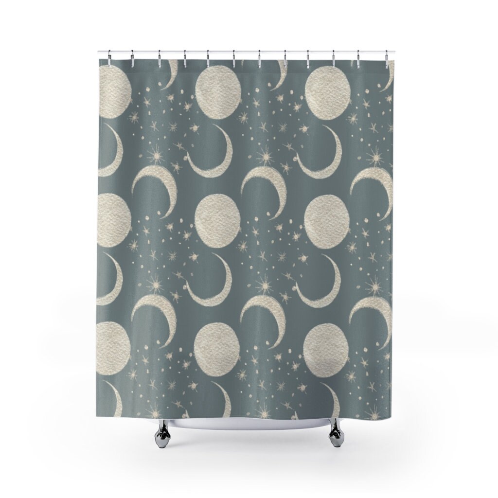 Cosmic Full Moons Stars Boho Shower Curtain, Light Gray Ivory Watercolor, Water Resistant Bathroom Decoration