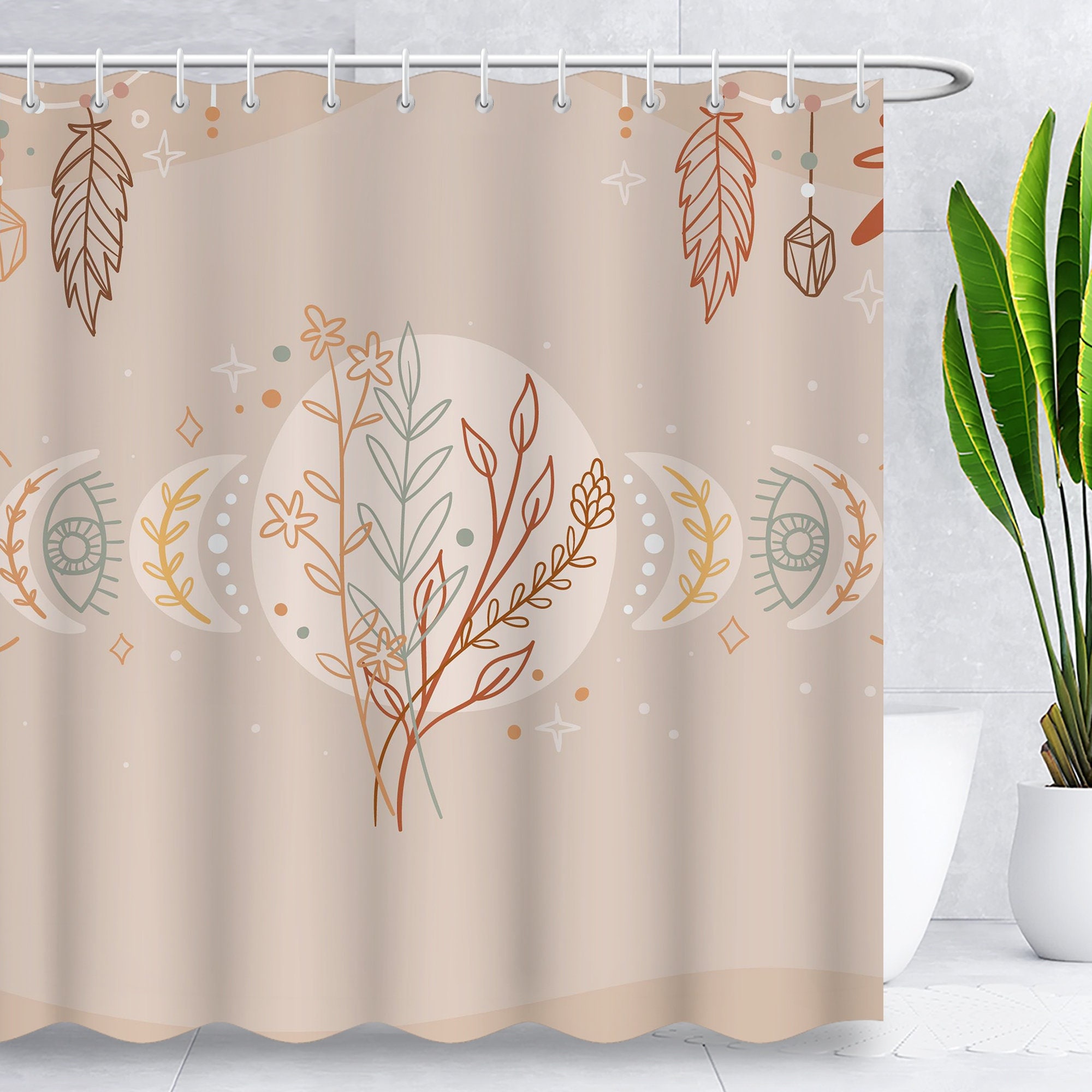 Mid Century Sunburst Boho Shower Curtain, Abstract Sun And Moon Design, Waterproof Fabric Bathroom Decor