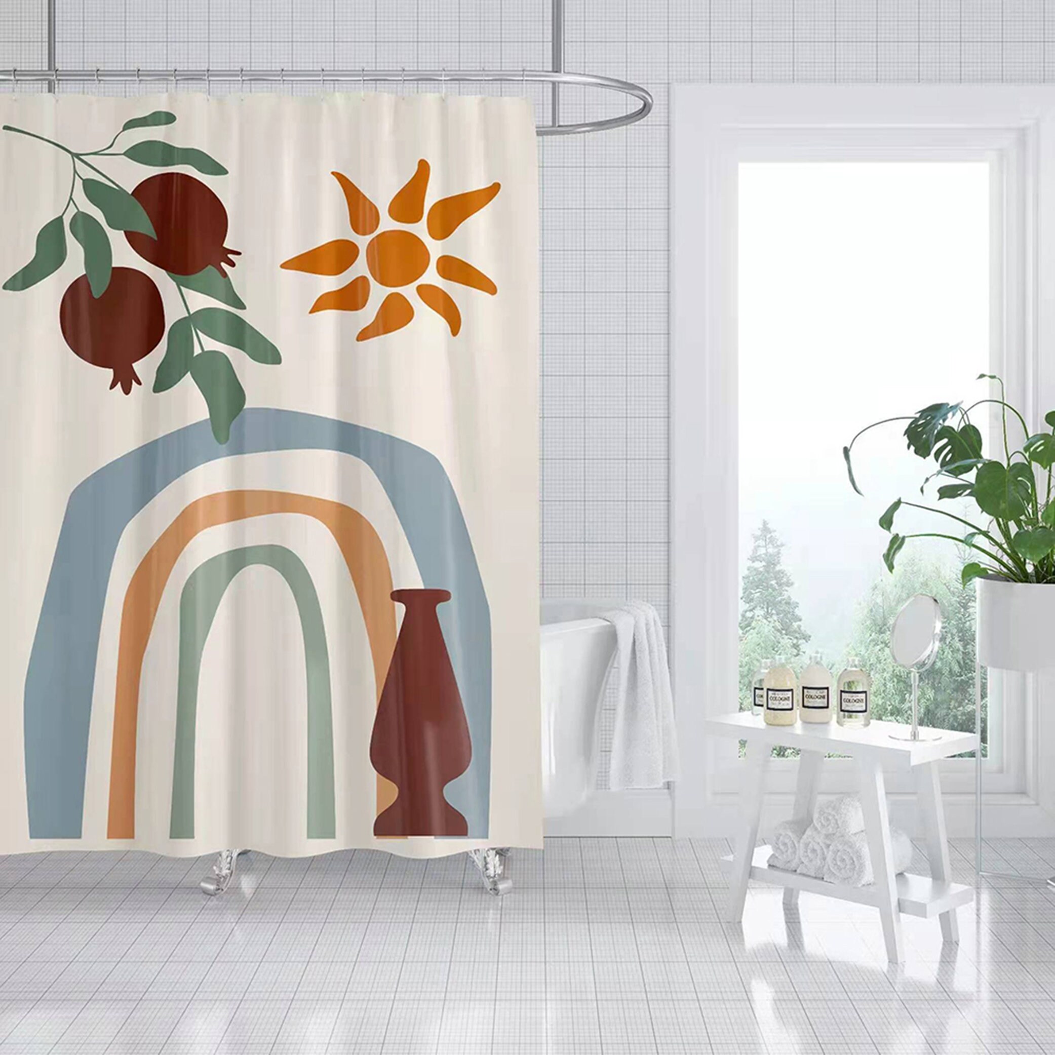 Colorful Bohemian Vase Fruit Boho Shower Curtain, Rainbow Sun Shower Curtain Bathroom Decoration