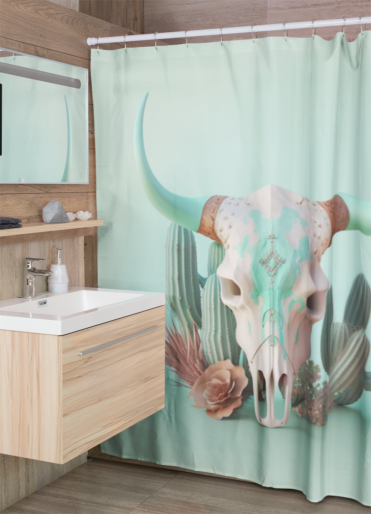 Southwest Cow Skull Boho Shower Curtain, Steer Skull And Pastel Green Nature Print Bathroom Gift