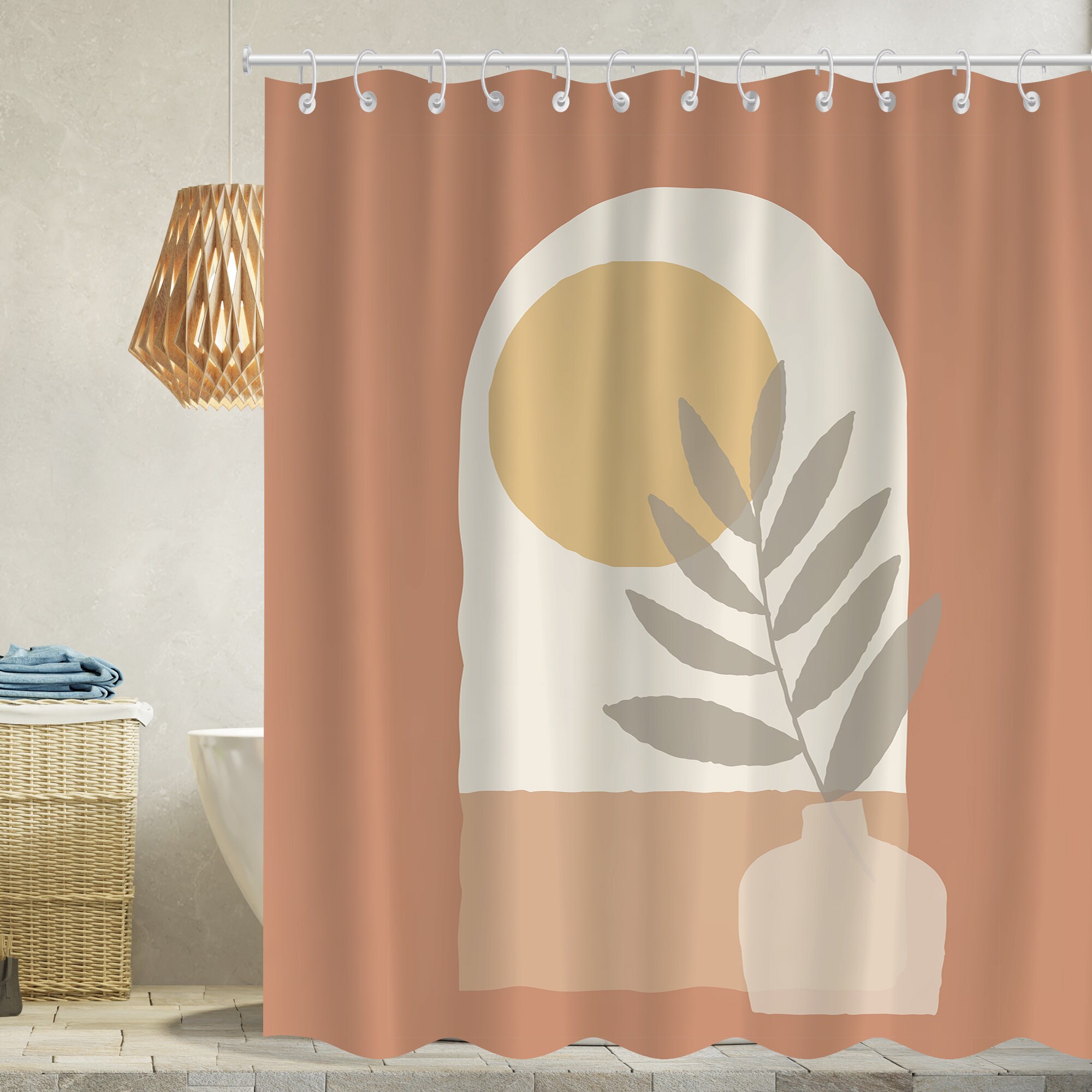 Mid Century Sun Geometric Boho Shower Curtain, Minimalist Fabric Bathroom Decor