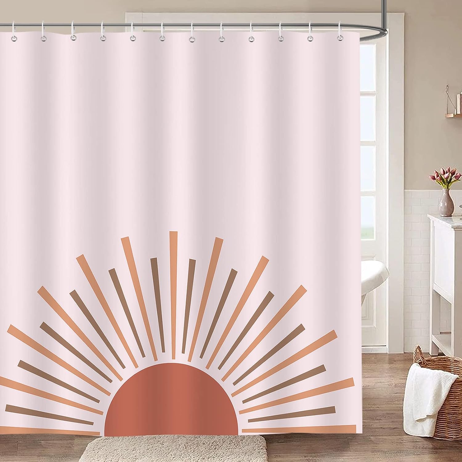 Minimalistic Boho Sun Shower Curtain, Mid Century Inspired Bathroom Decor
