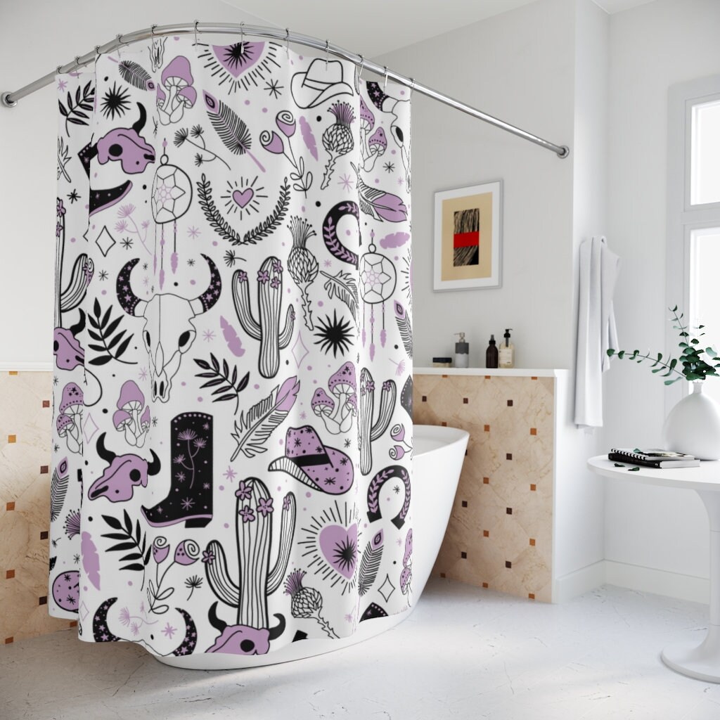Skull And Cactus Plants Boho Shower Curtain, Cowgirl Western Rodeo Feathers Print, Cute Bathroom Decoration