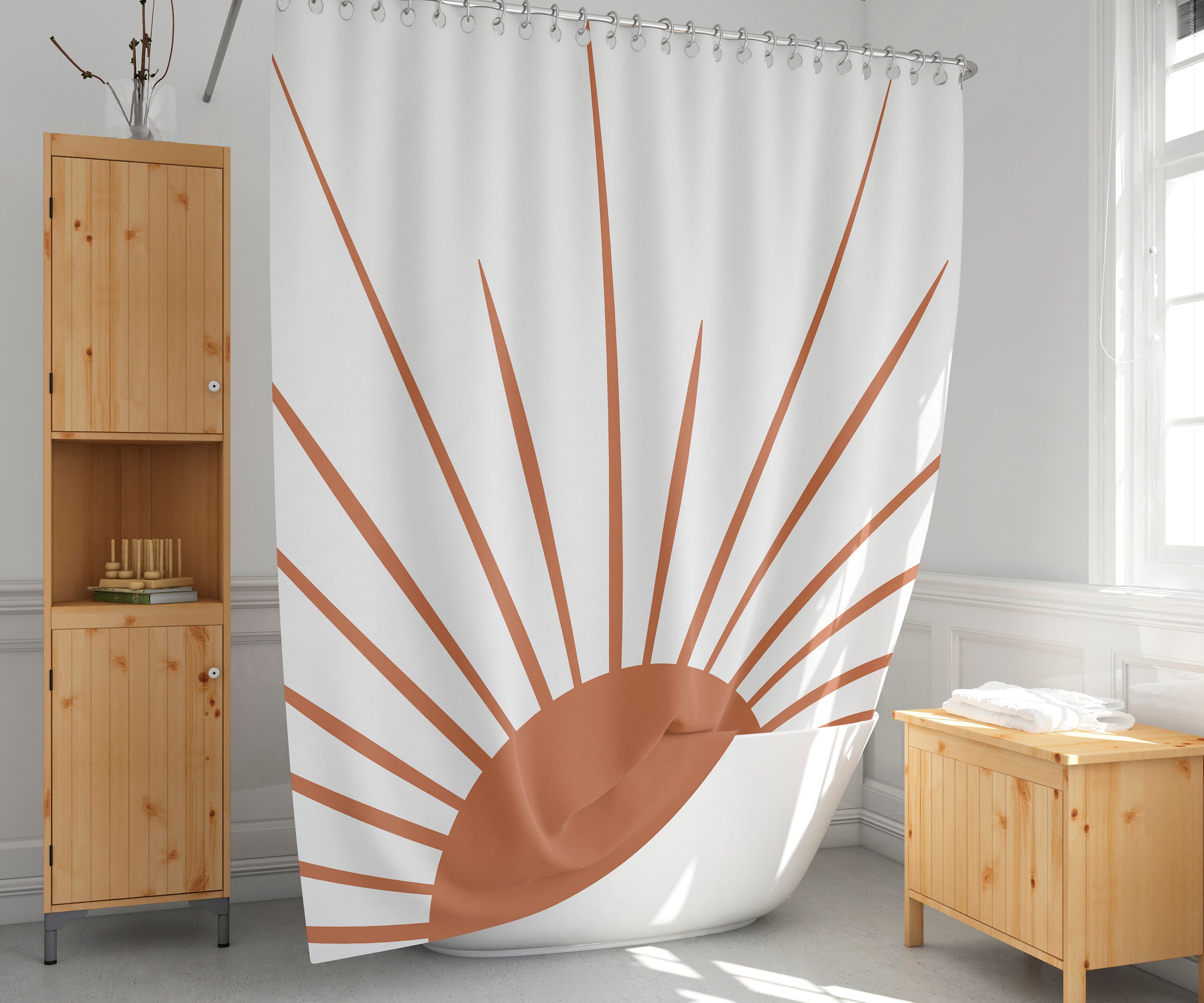 Sunburst Abstract Boho Shower Curtain, Earth Tones And Extra Long Size, Hooks Included, Gift Idea Bathroom Decor