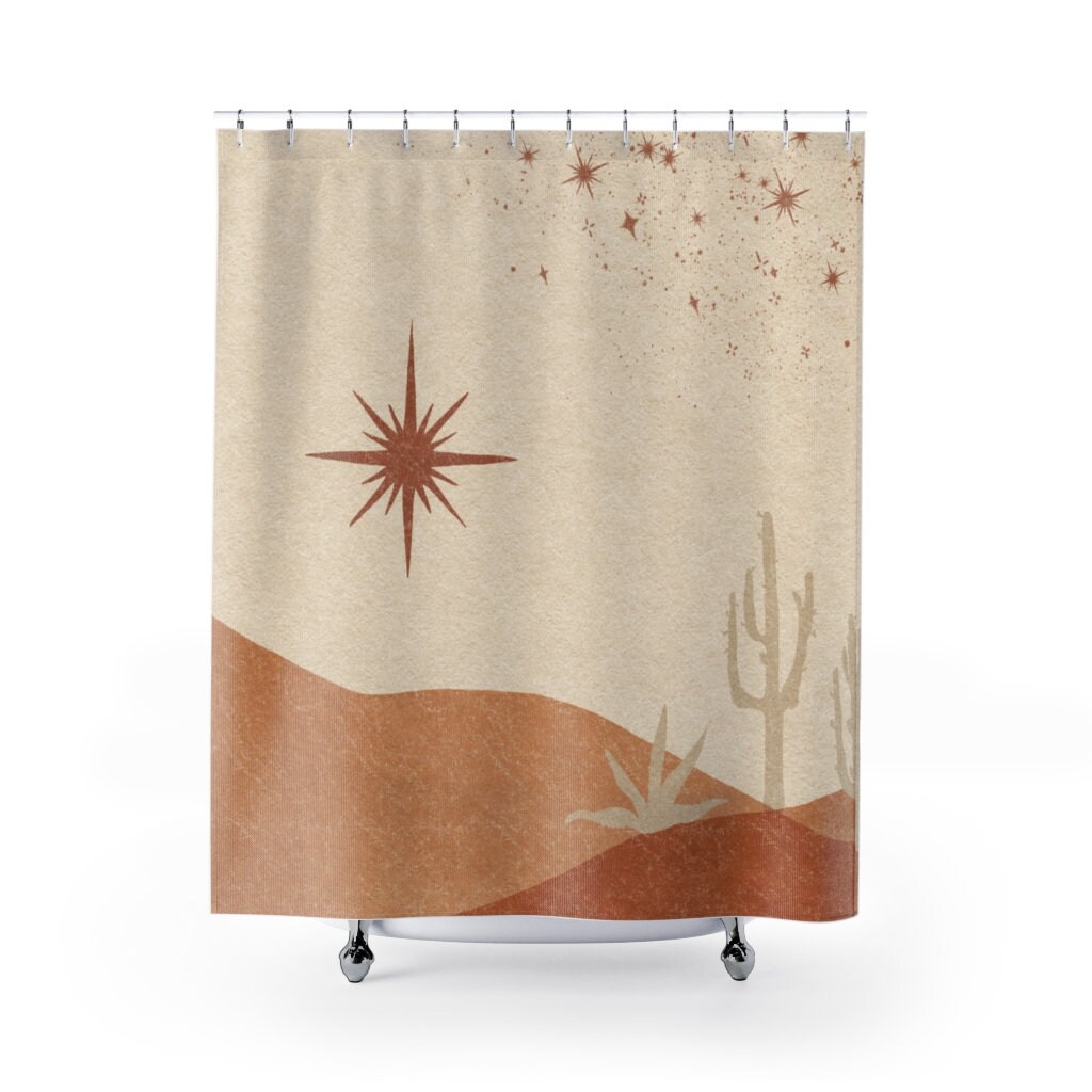Celestial Southwestern Boho Shower Curtain, Tarot And Cactus Design, Hippie Nature Bathroom Decor