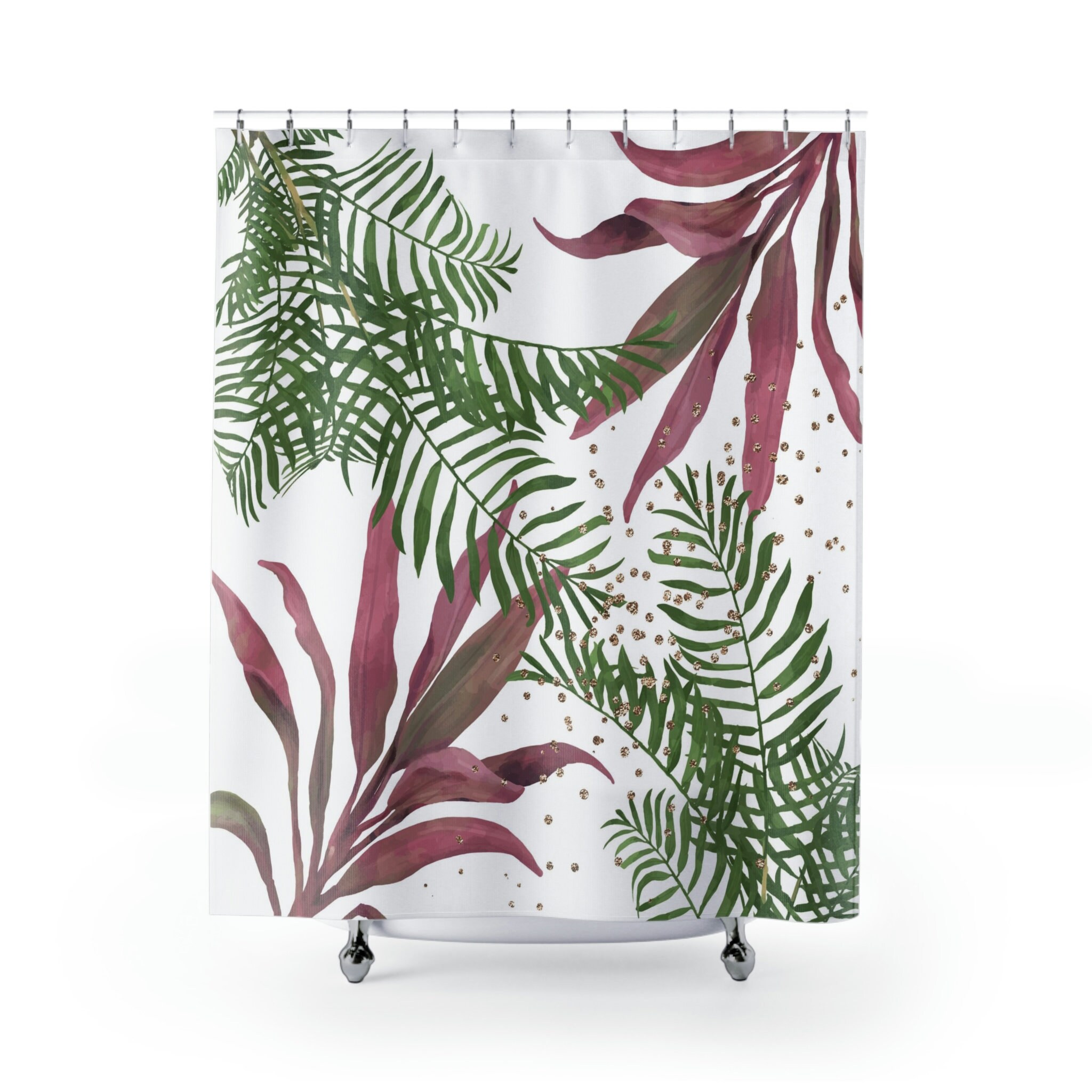 Palm Leaves Boho Shower Curtain, Modern Floral Art, Sage Green And White, Tropical Jungle Bathroom Decor