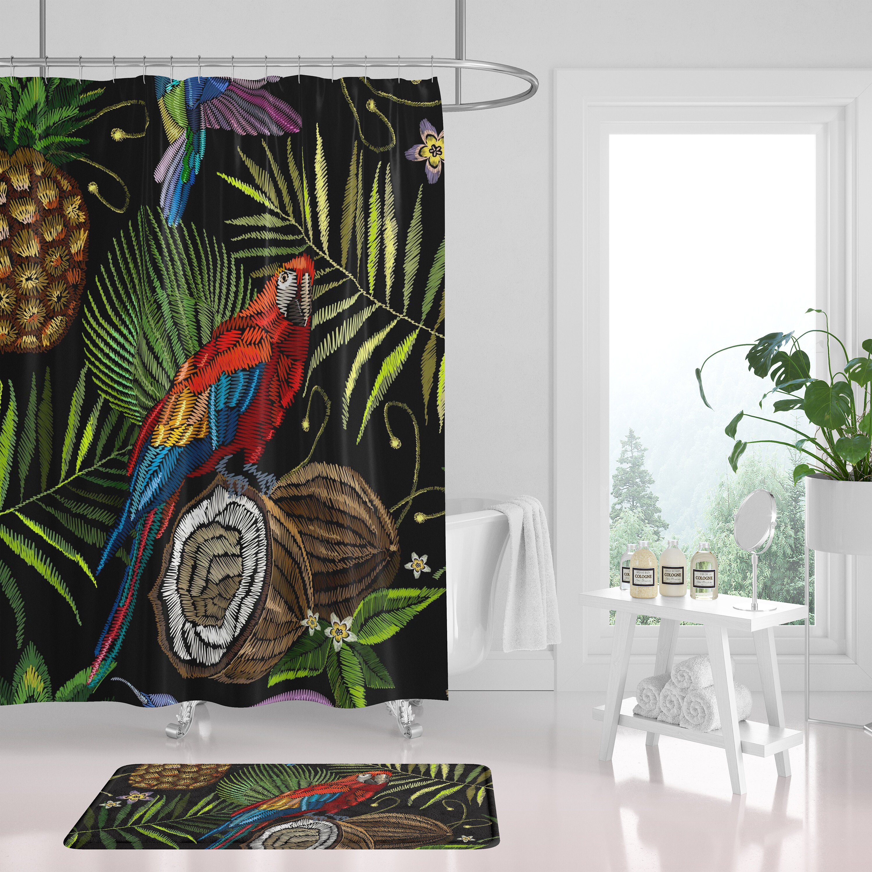 Botanical Watercolor Tropical Boho Shower Curtain, Parrot Pineapple Coconut Black Sage Green, Minimalist Bathroom Decor