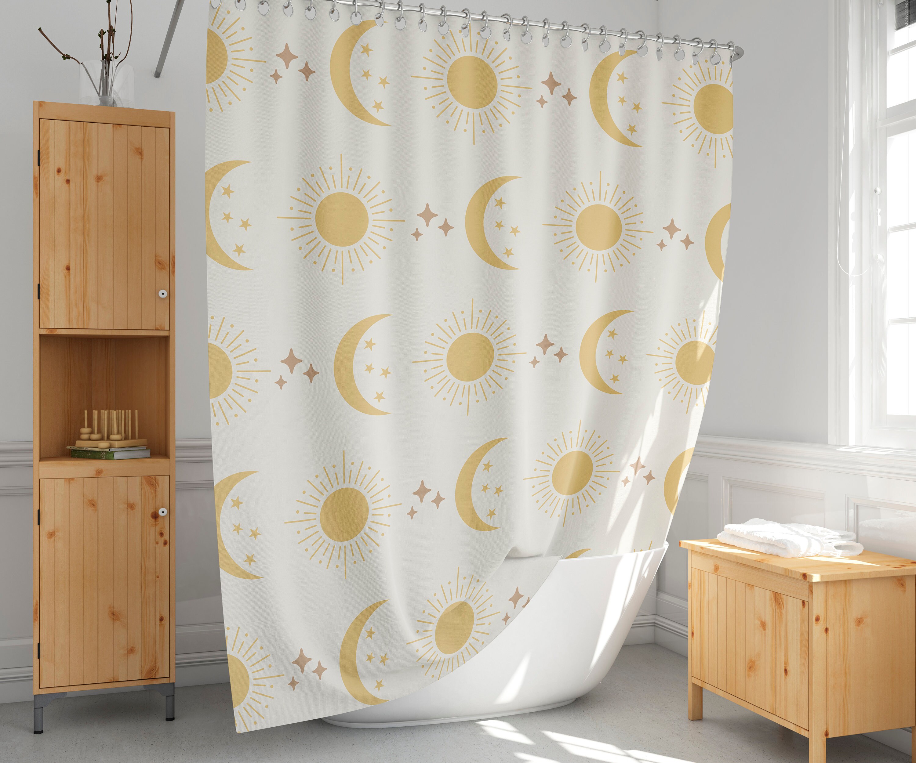 Simple Minimal Astrology Boho Shower Curtain, Sun And Moon Design Bathroom Decor