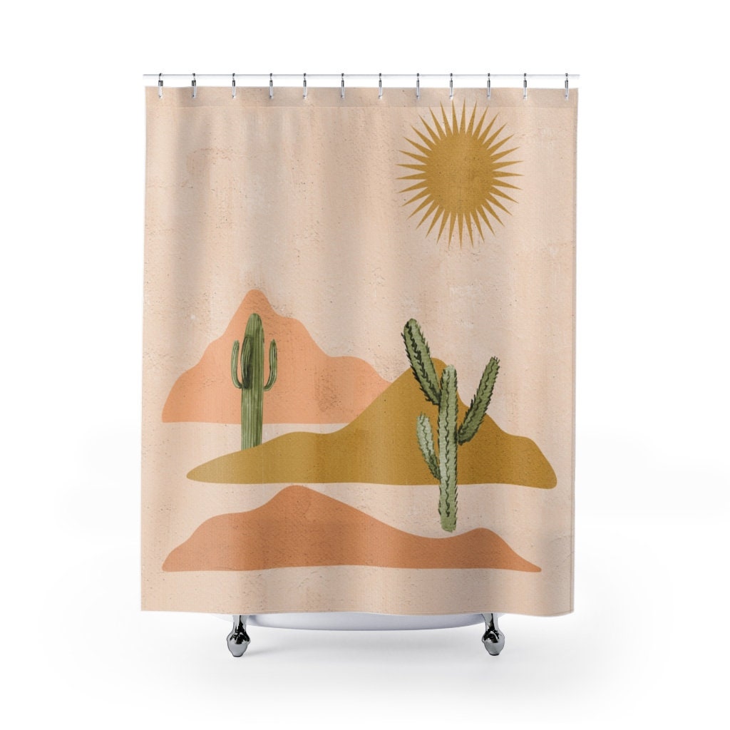 Sun And Cactus Boho Shower Curtain With Desert Abstract Art Design