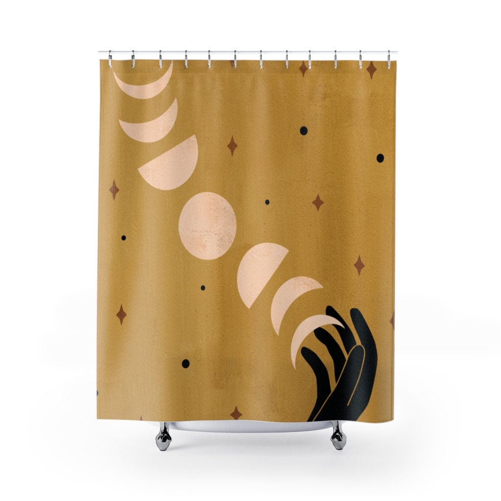 Celestial Cosmic Boho Shower Curtain With Moon Phases And Stars Design