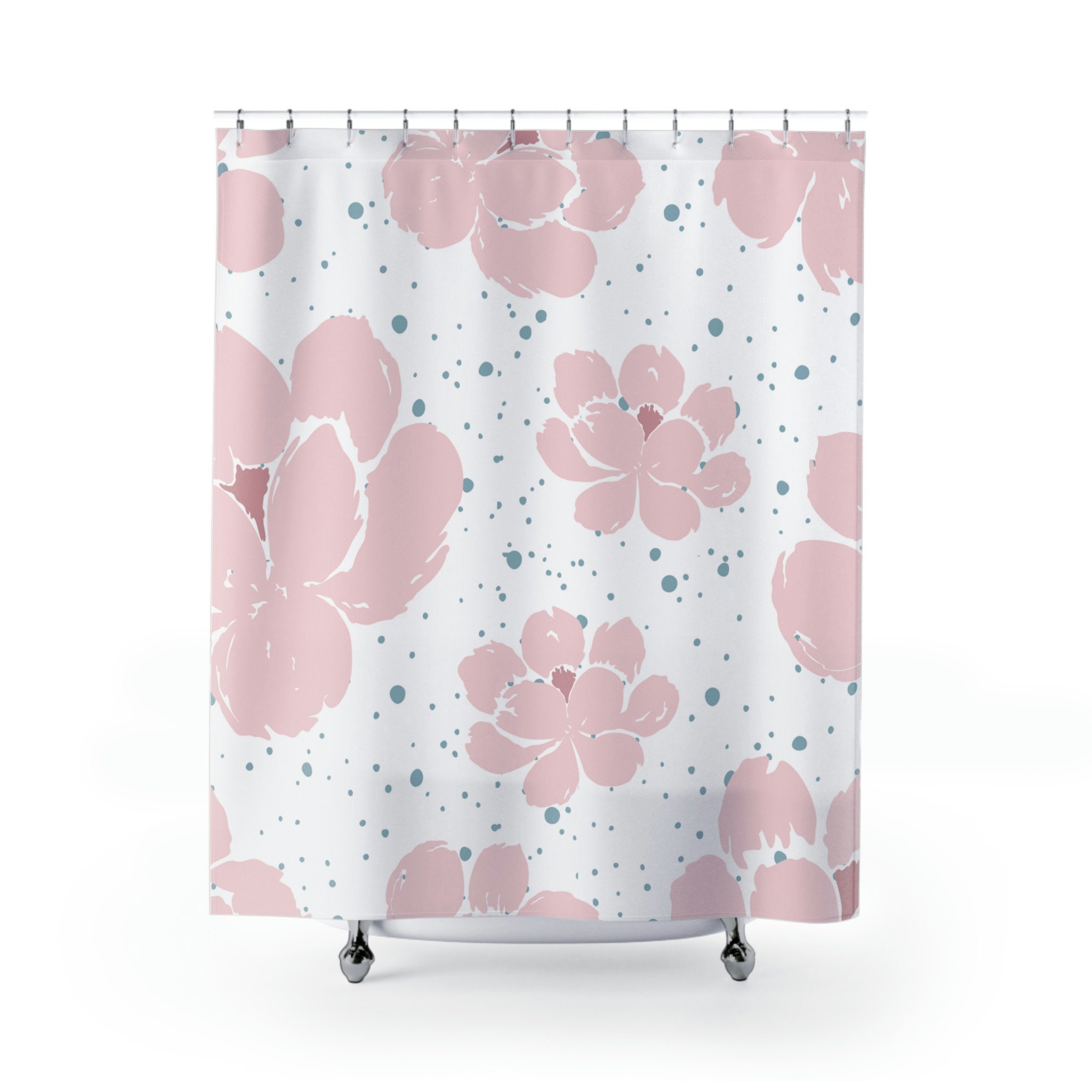 Boho Shower Curtain With Pink Floral Pattern In Botanical Style
