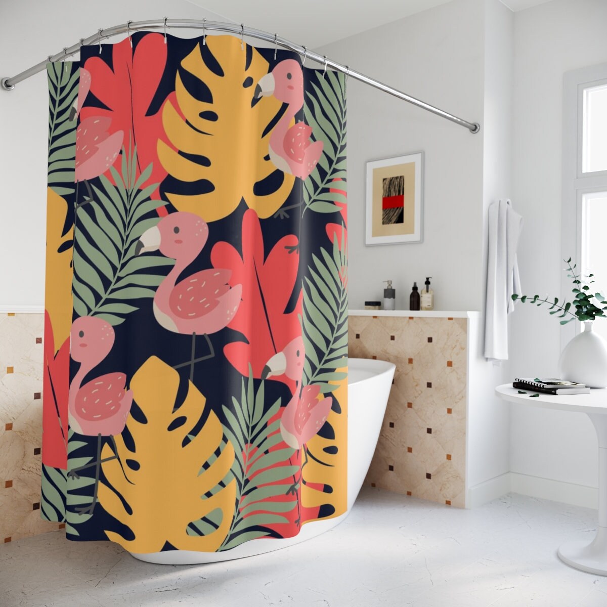 Retro Flamingo Boho Shower Curtain, Funky And Cool Tropical Bathroom Decor
