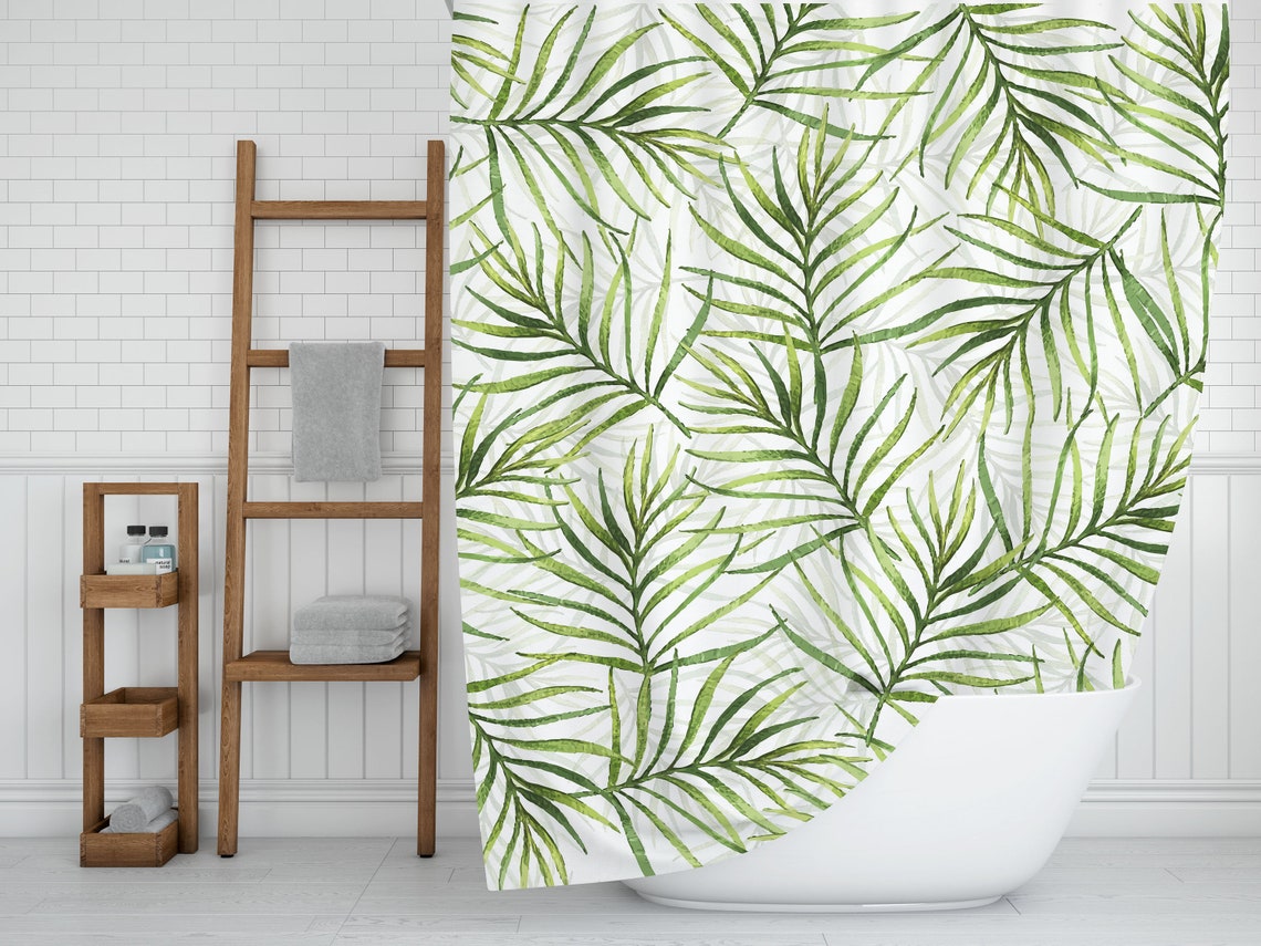 Botanical Watercolor Boho Shower Curtain, Green Palm Leaves, Bohemian Bathroom Decoration