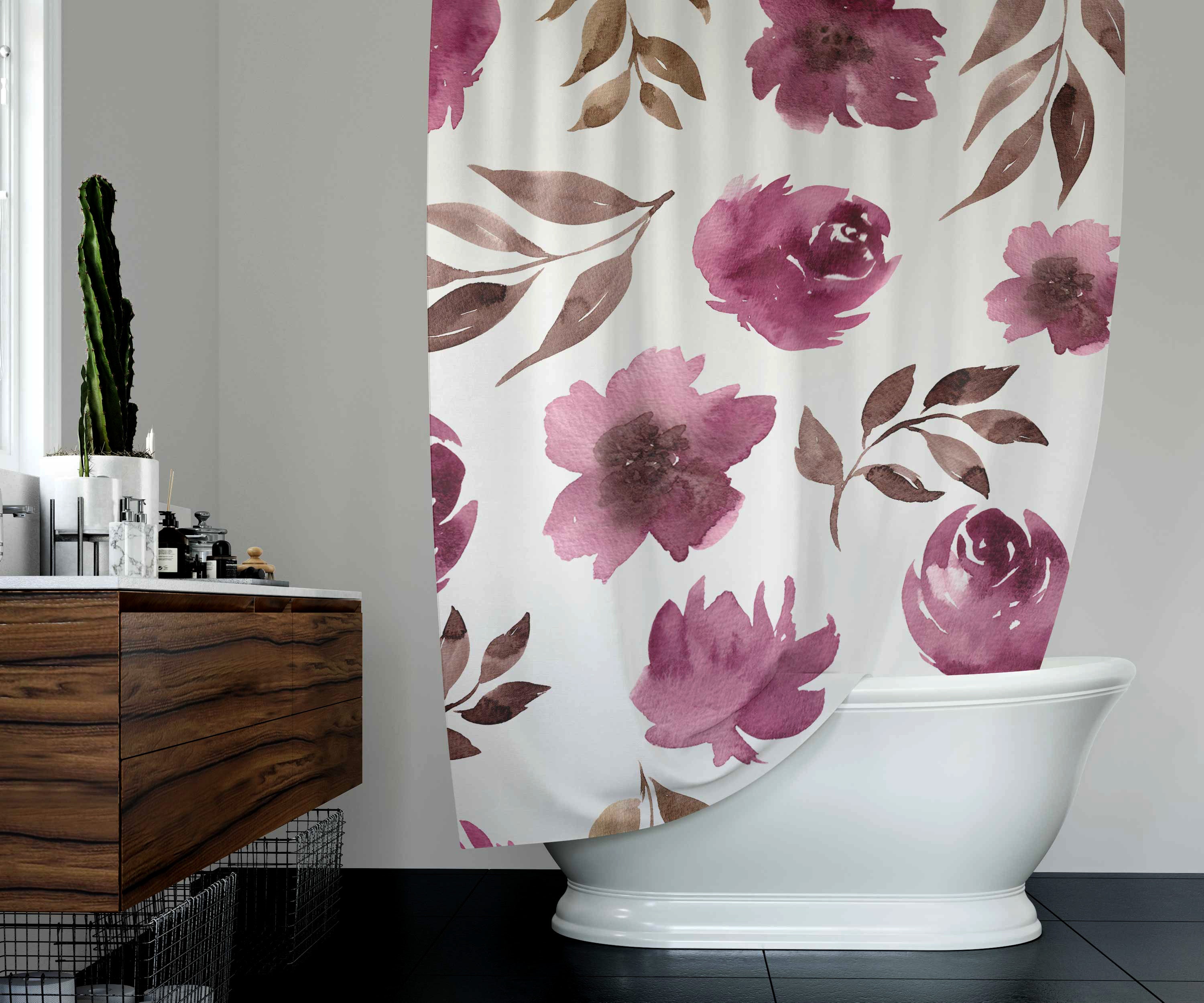 Gorgeous Mauve Pink Roses And White Boho Shower Curtain With Watercolor Effect