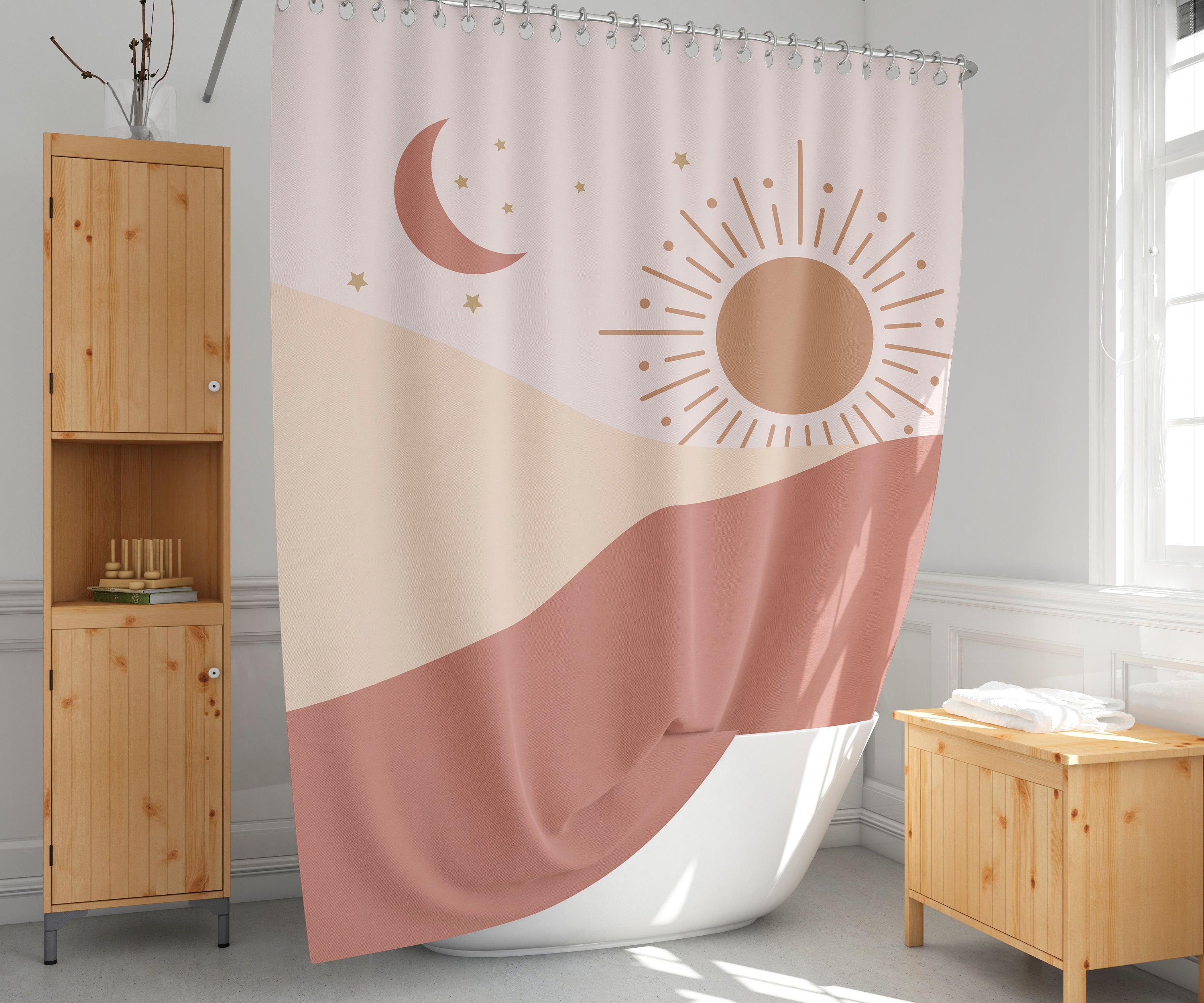Earth Tone Boho Sun And Moon Bath Curtain With Long Style Shower Curtain