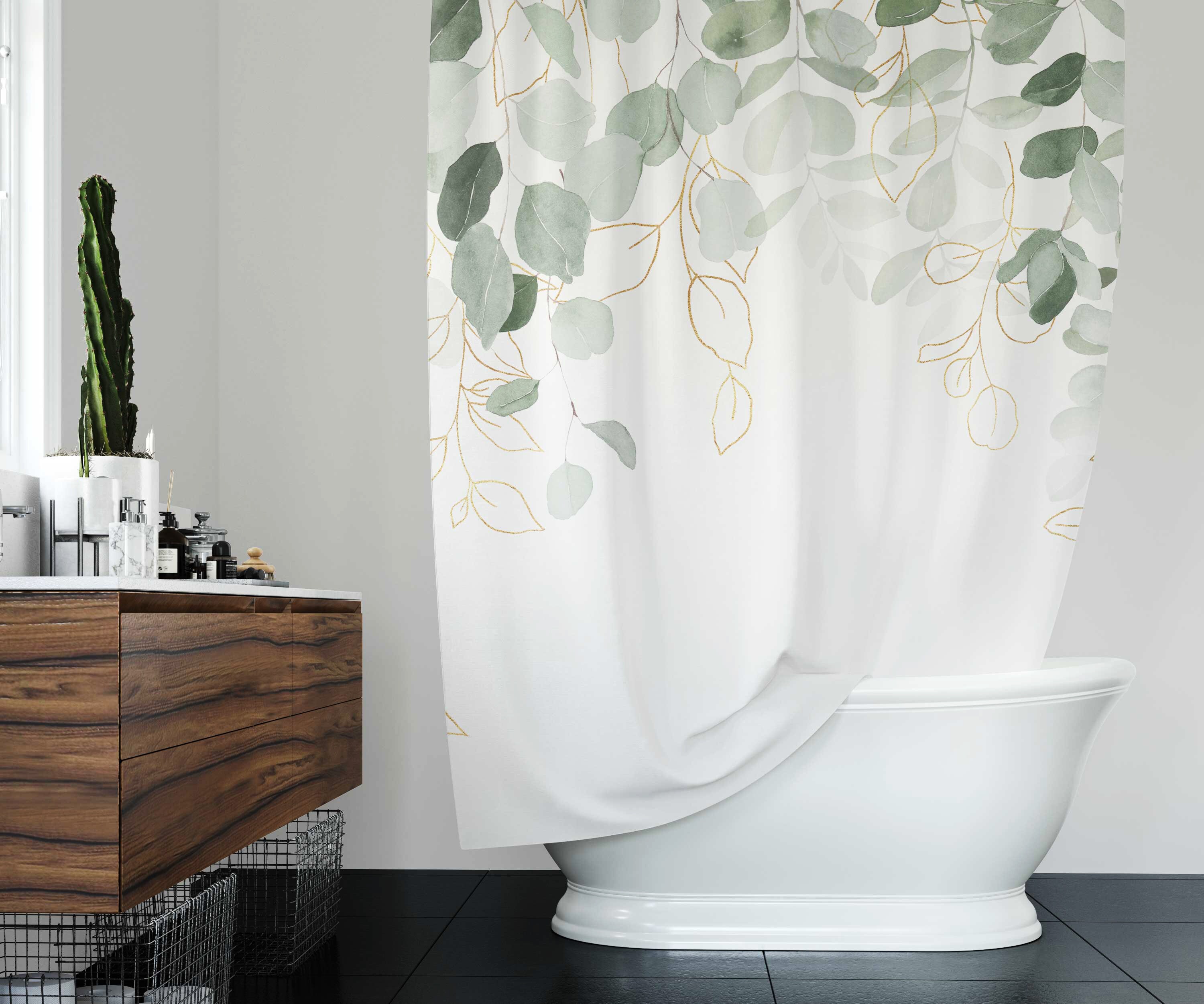 Elegant Sage Green Eucalyptus Boho Shower Curtain With White Floral Design