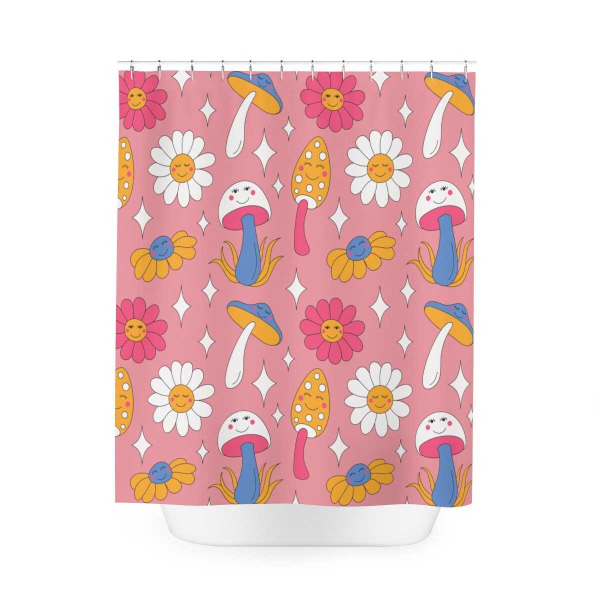 Extra Long Pink Mushroom And Daisy Boho Shower Curtain Set