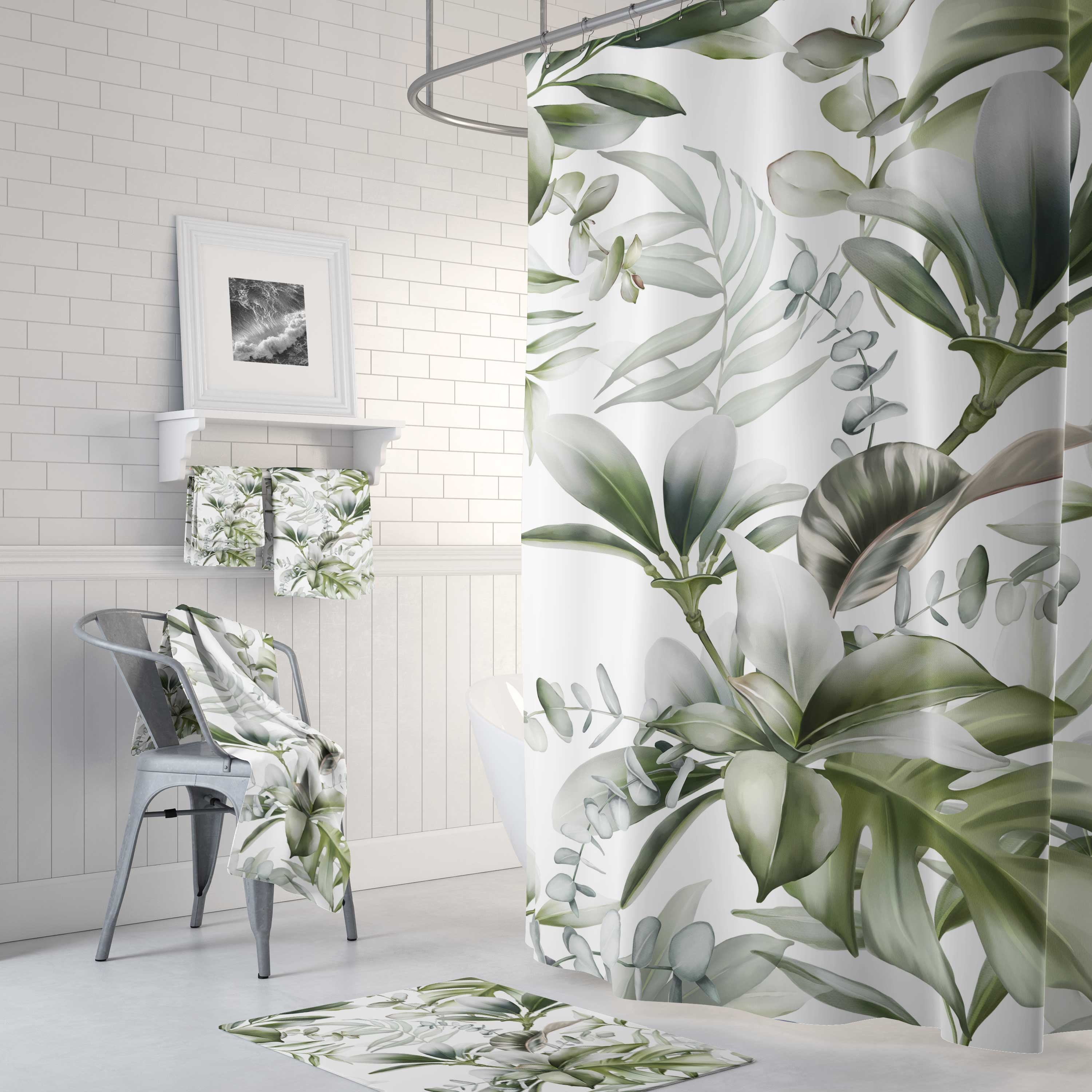 Minimalist Green Tropical Jungle Monstera Leaves Boho Shower Curtain Set