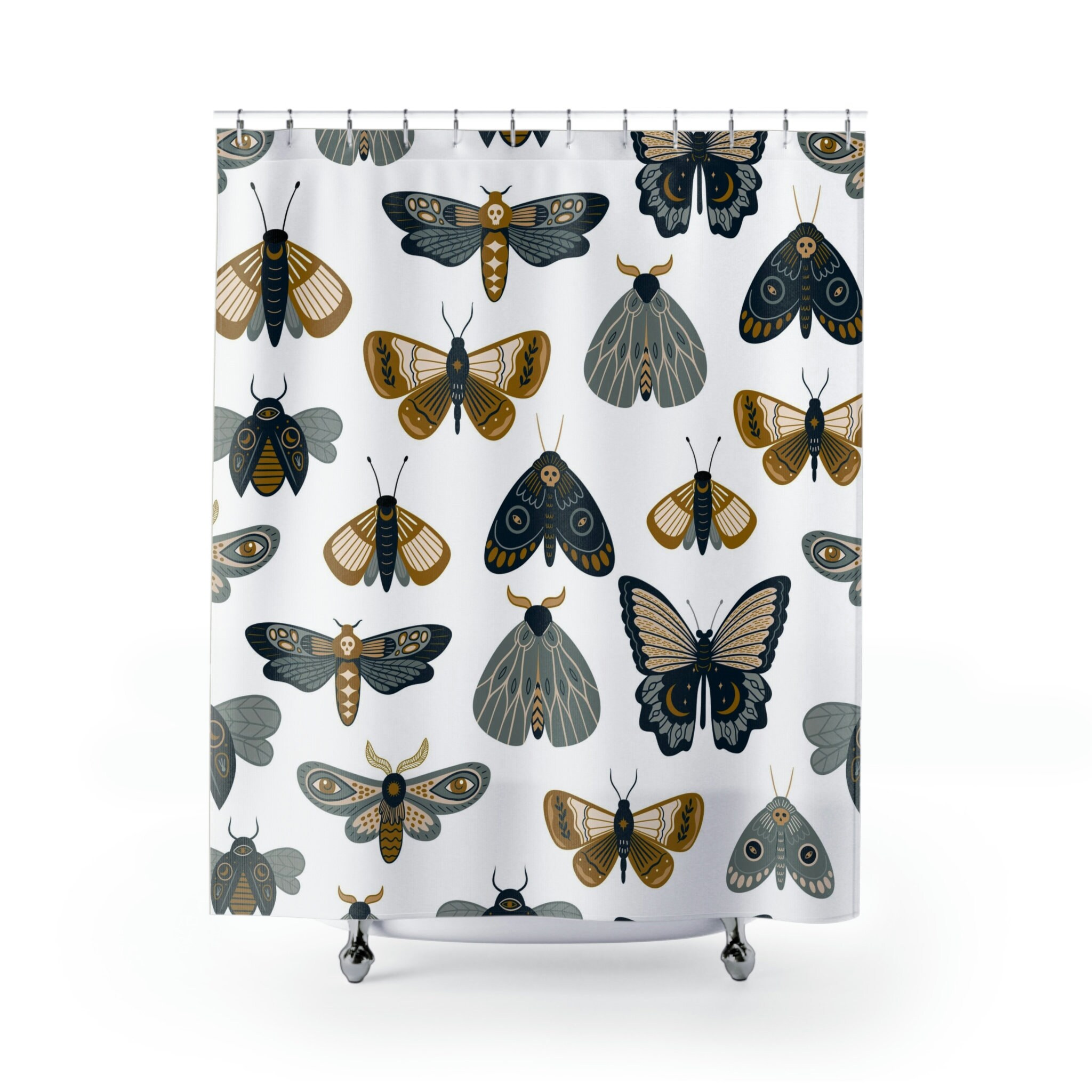 Gray And Blue Boho Butterfly Shower Curtain For Minimalist Cottagecore