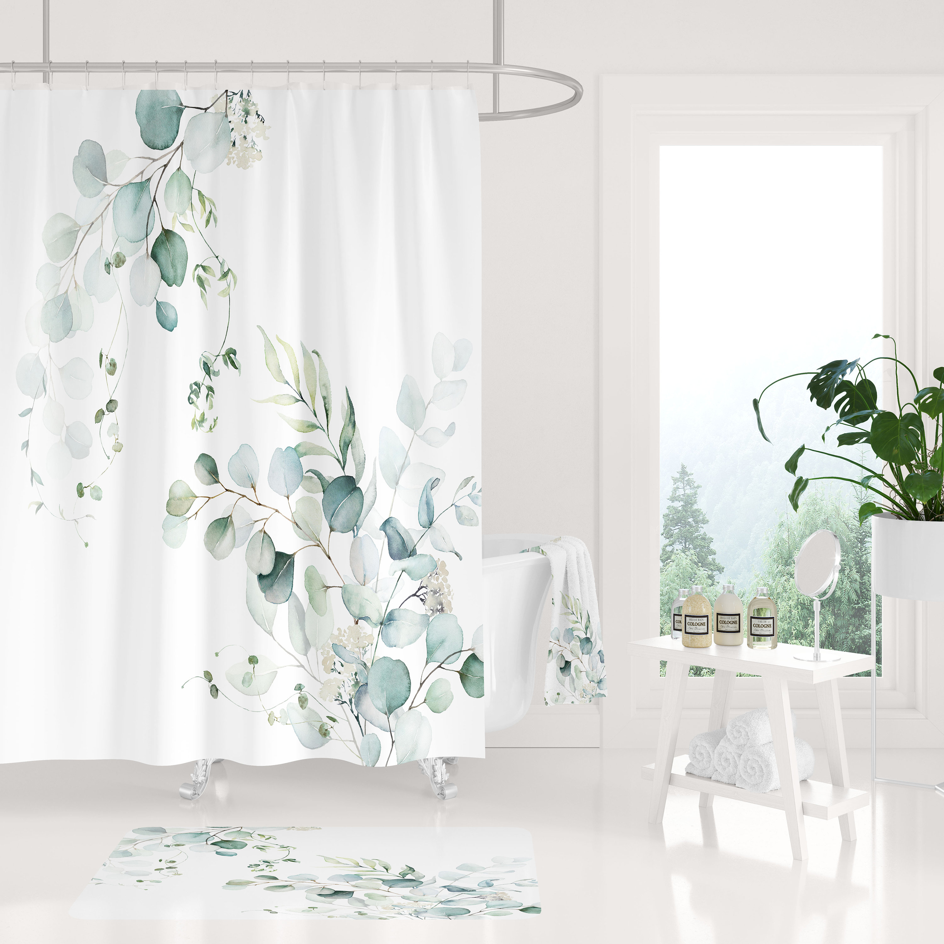 Stylish White And Green Floral Boho Shower Curtain With Matching Towel Set