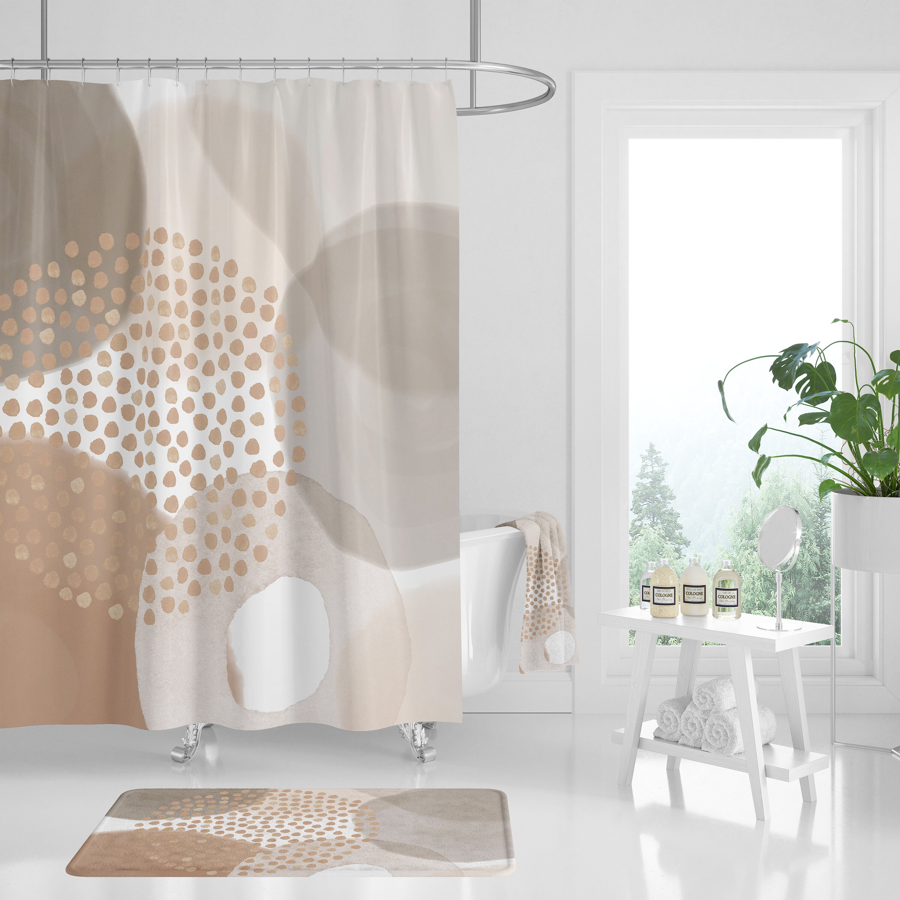 Earth Tones Boho Shower Curtain With Abstract Blush Beige And Towel Set
