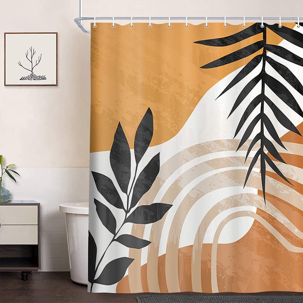 Orange Boho Leaves Fabric Shower Curtain With Waterproof Technology Bathroom Decor