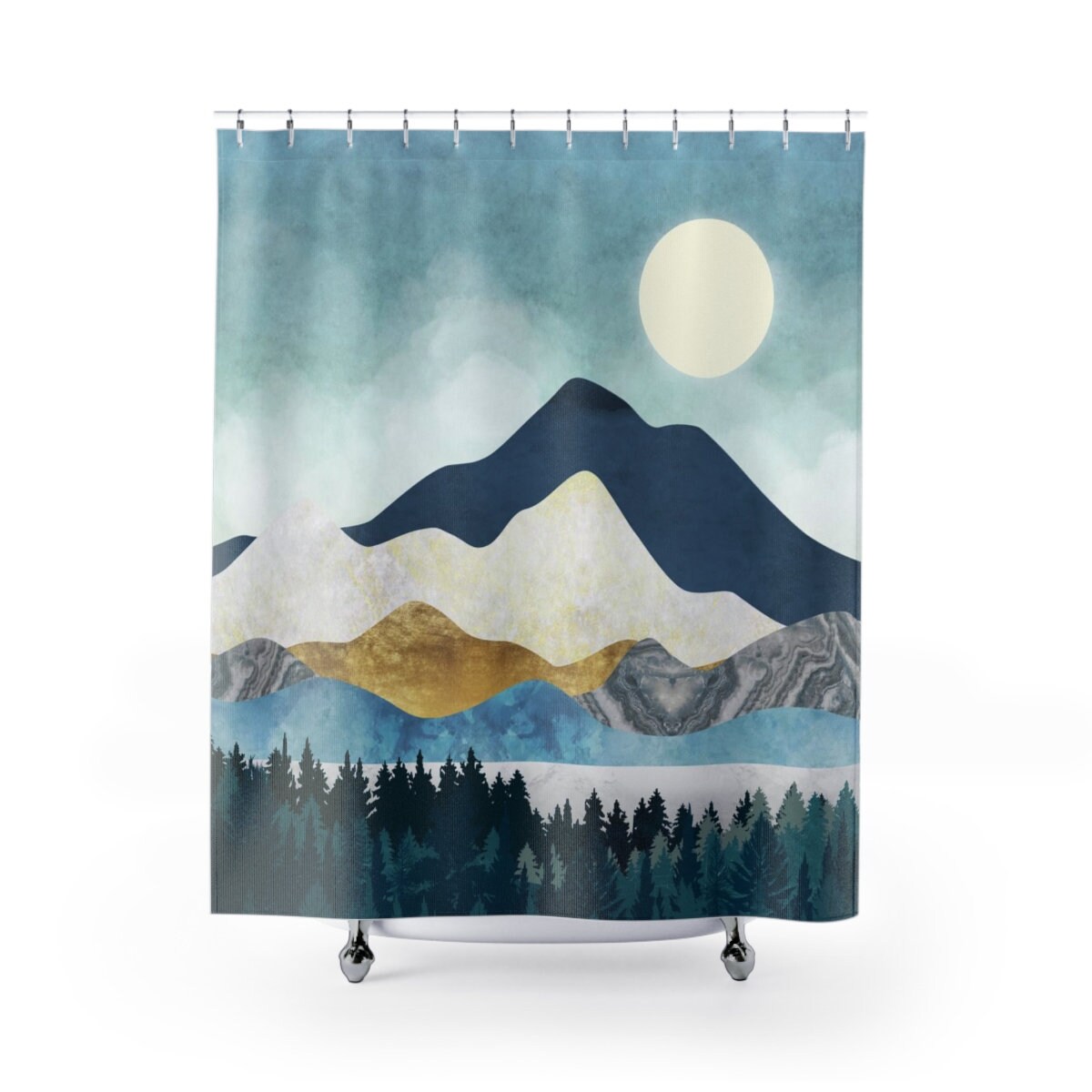Golden Blue Abstract Landscape Boho Moon Shower Curtain For Contemporary Art