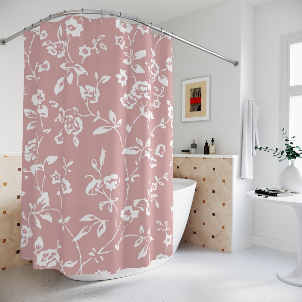 Retro Floral Boho Millefleurs Shower Curtain Custom Print Wild Roses On Pink Boho Style Bathroom Decor