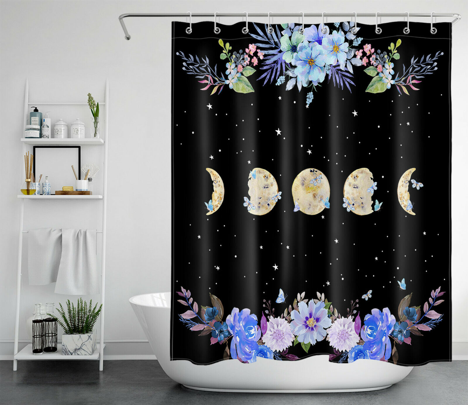 Boho Watercolor Moon Phase Shower Curtain With Butterfly And Flower