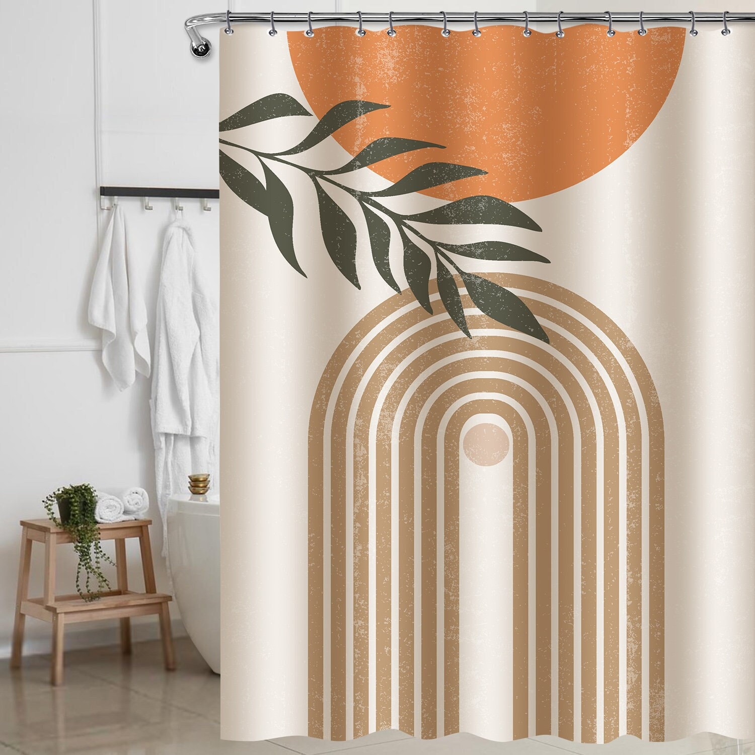 Boho Geometric Leaves Shower Curtain With Mid Century Aesthetic