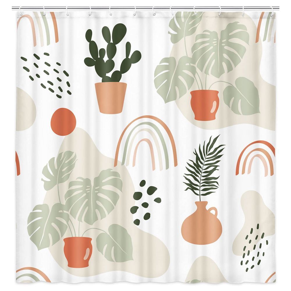 Minimalistic Boho Leaves And Cactus Fabric Shower Curtain With Waterproof Technology Bathroom Decor