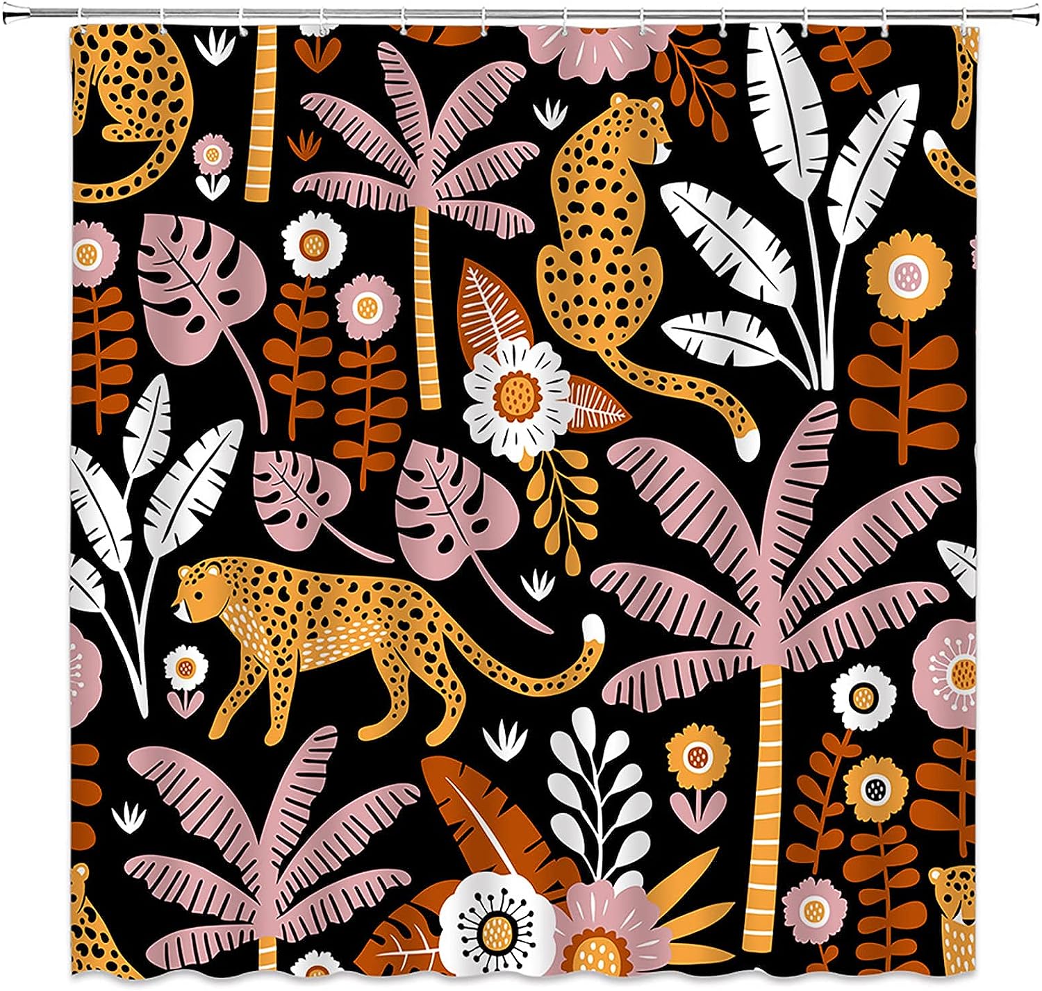 Mid Century Abstract Boho Leopard Shower Curtain With Tropical Palm Tree Leaves Vintage Black Yellow Minimalist Art Bathroom Decor