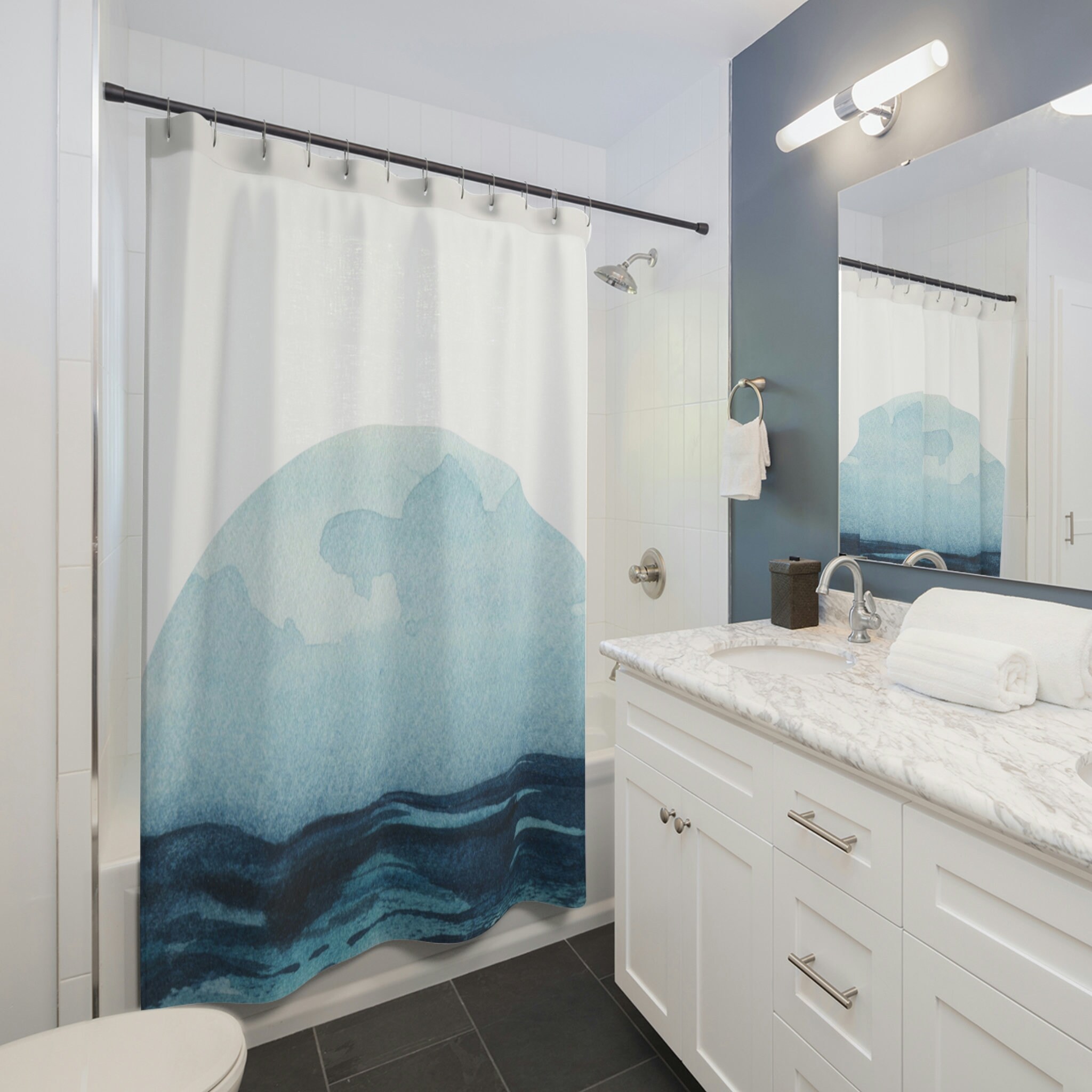 Stylish Blue Water Boho Moon Ocean Shower Curtain For Natural Vibe Bathroom