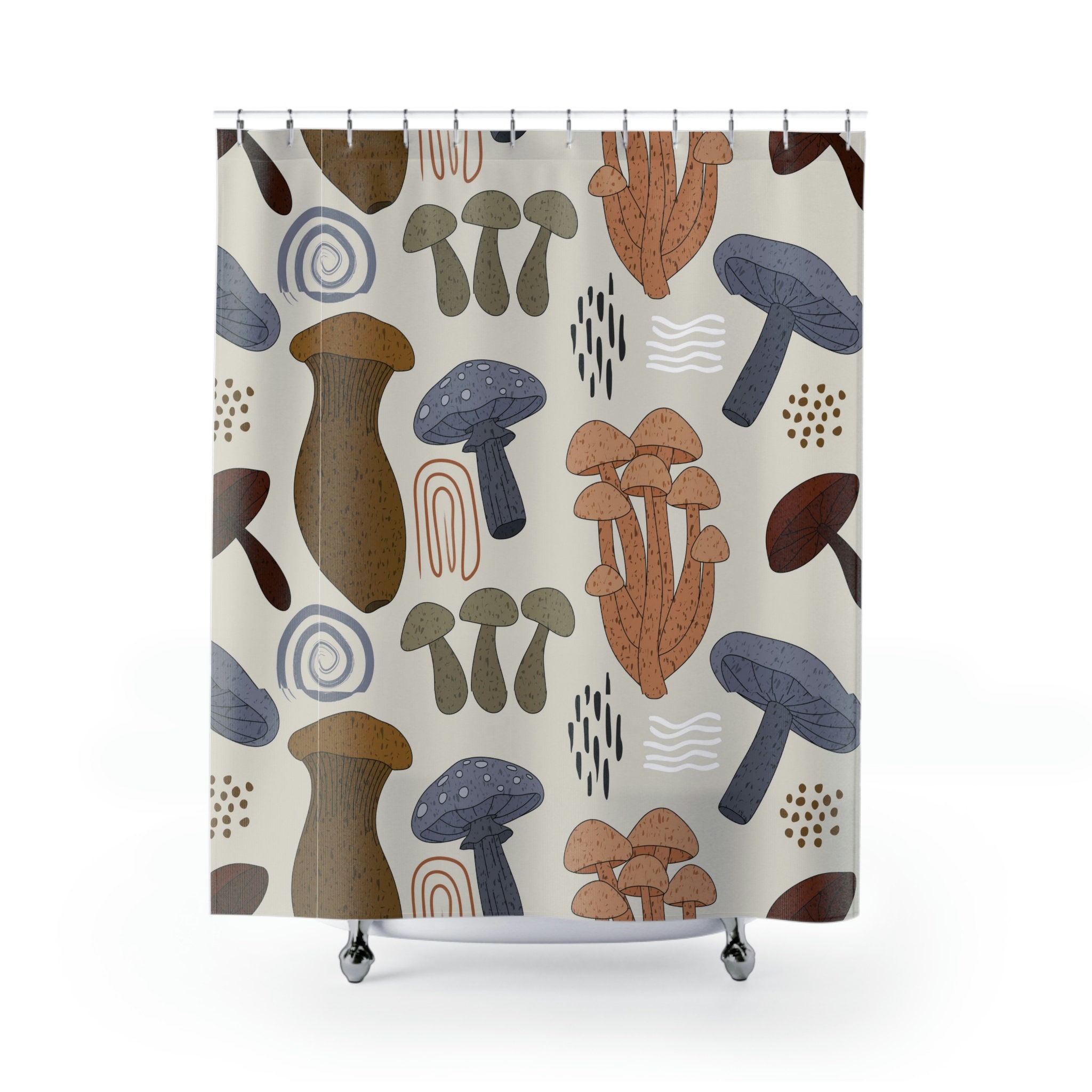 Retro Boho Mushrooms Shower Curtain With Groovy Pop Art Design