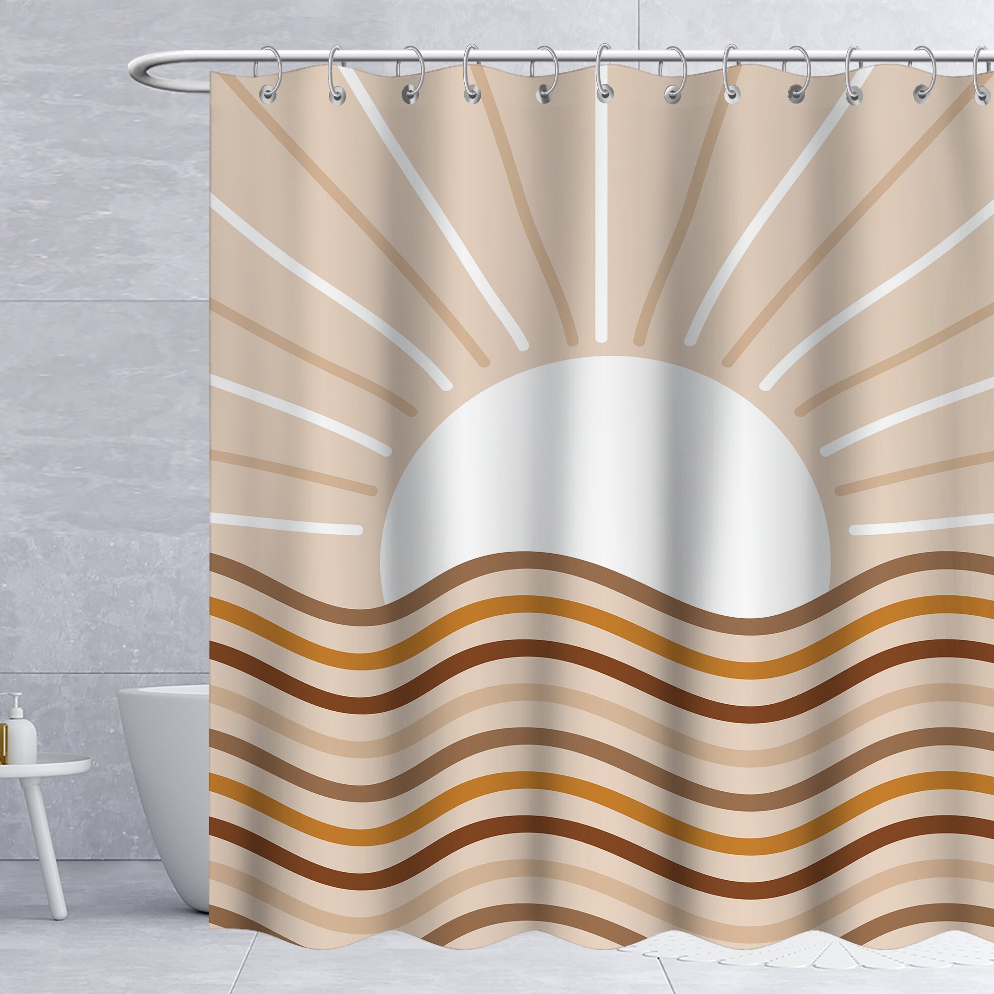 Nature Landscape Boho Mid-Century Shower Curtain With Mountain And Sunrise Sunset Abstract Pattern Bathroom Curtain Decor