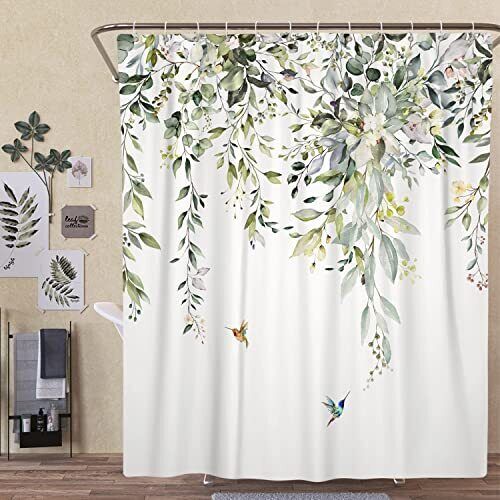 Spring Bohemian Green Eucalyptus Leaf Shower Curtain Boho Floral Bathroom Decor