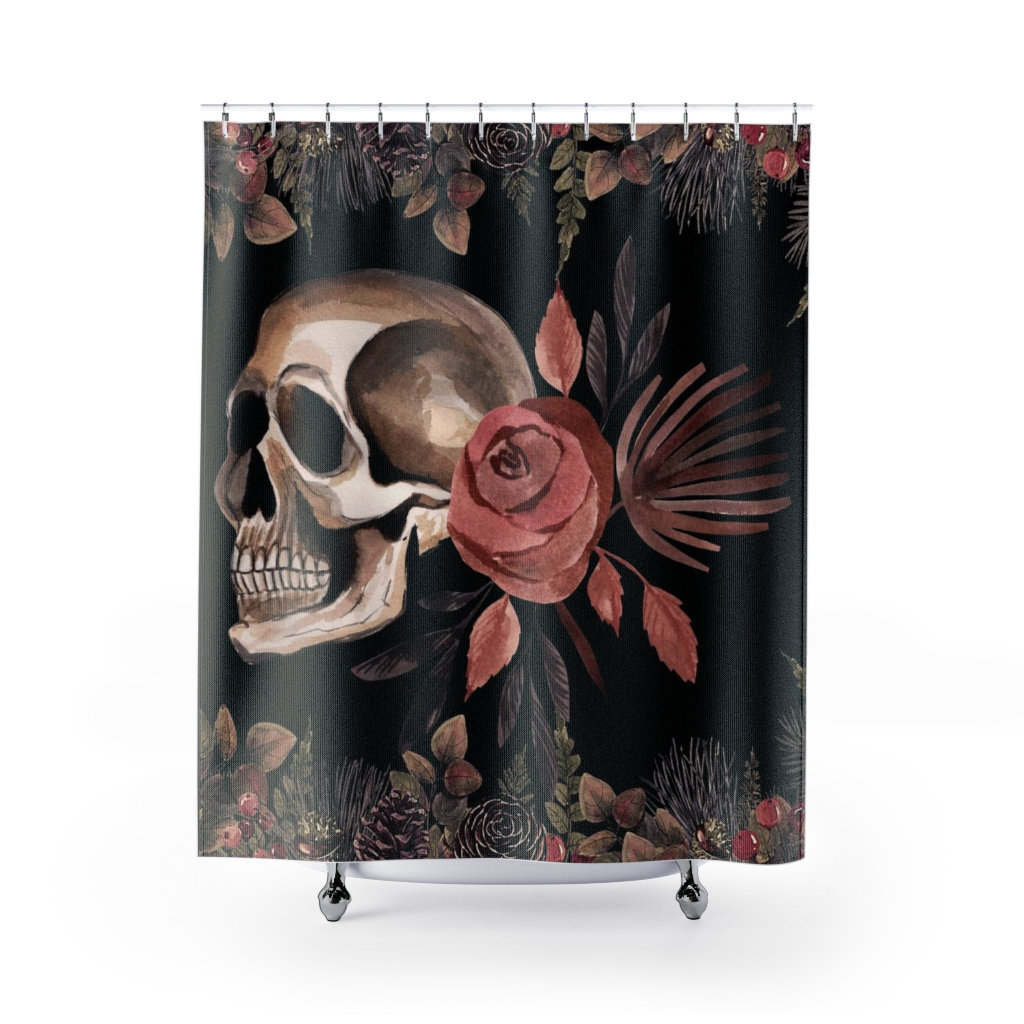 Gothic Style Boho Shower Curtain With Horror Skull Head Tattoo And Retro Flowers Vintage Scary Bathroom Decor