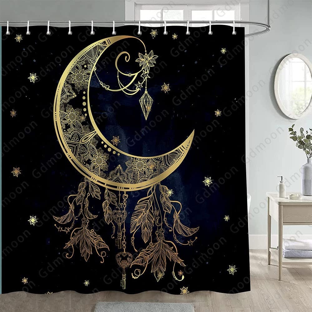 Dreamy Boho Gold Moon Shower Curtain With Celestial Mandala And Starry Sky Design Bathroom Decor