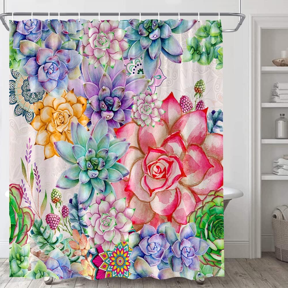 Rustic Boho Floral Shower Curtain With Succulent Plant Cactus Spring Summer Desert Bathroom Decor
